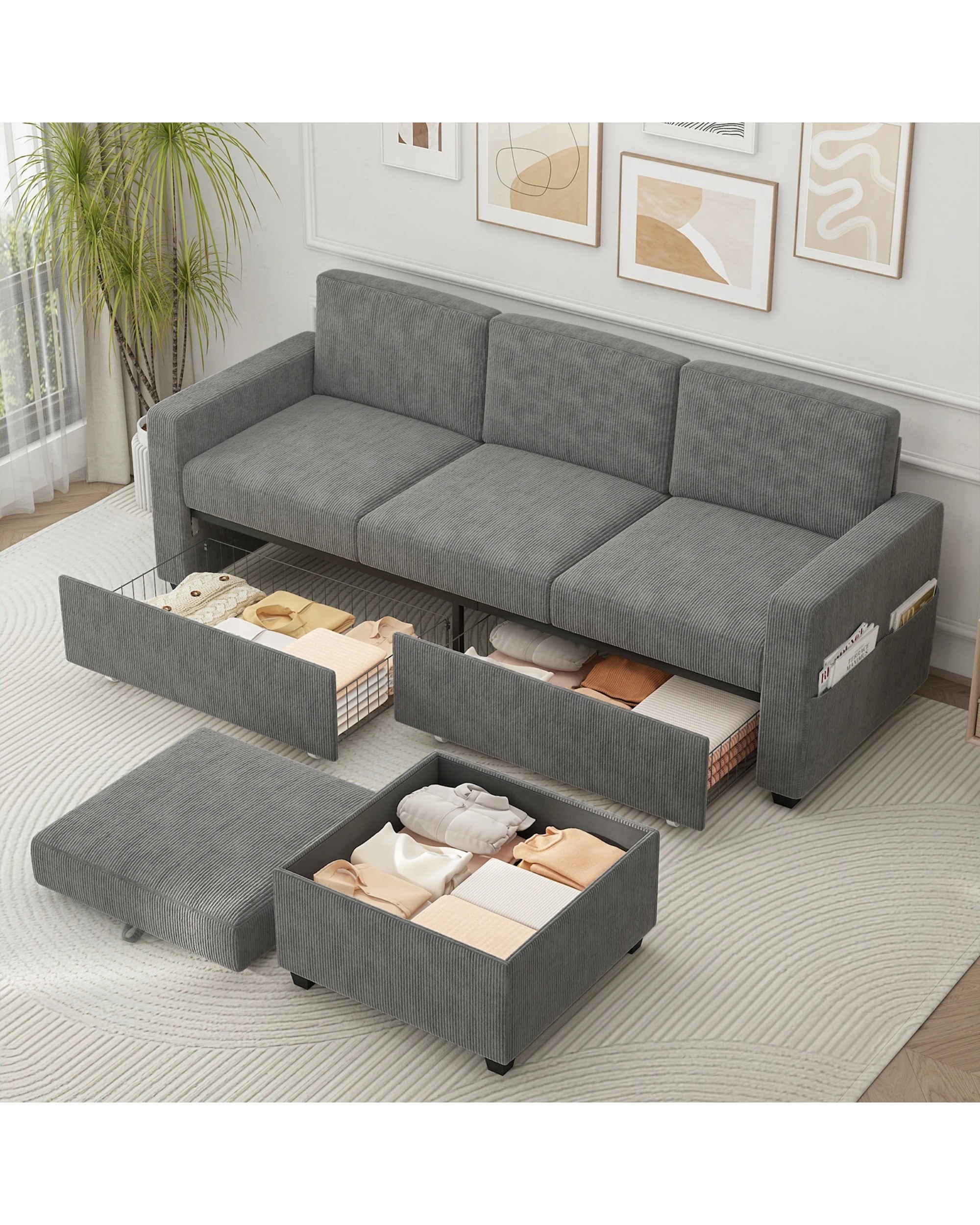 3 Advwin 3 Seater Sofa 197cm Corduroy Modular Corner Couch W/ Storage Ottoman & Drawers Lounge Chaise Grey, 3 of 4