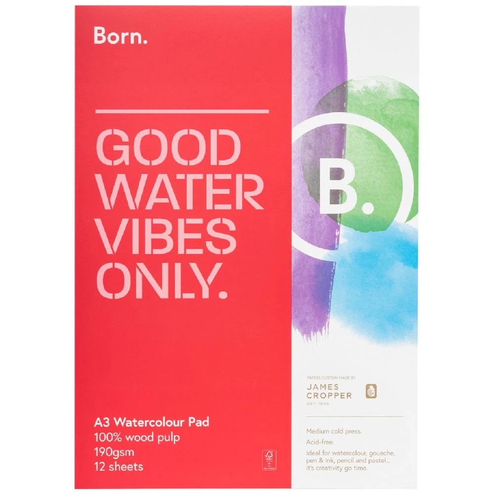 1 Born A3 Watercolour Pad 190gsm 12 Sheets, 1 of 3
