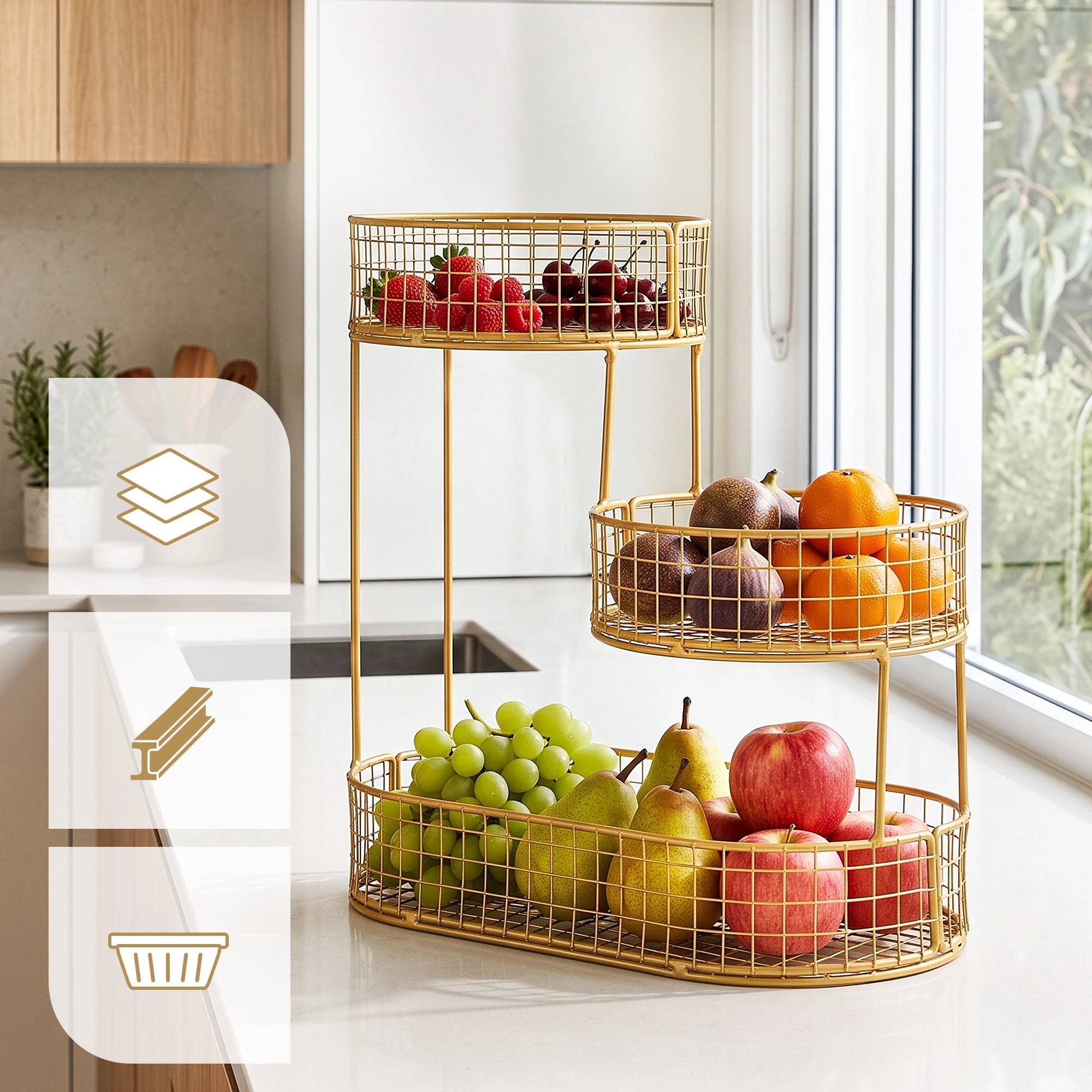 5 5-Star Chef 3 Tier Fruit Basket Bowl Space Saving Kitchen Food Storage Organiser Golden - Gold, 5 of 7