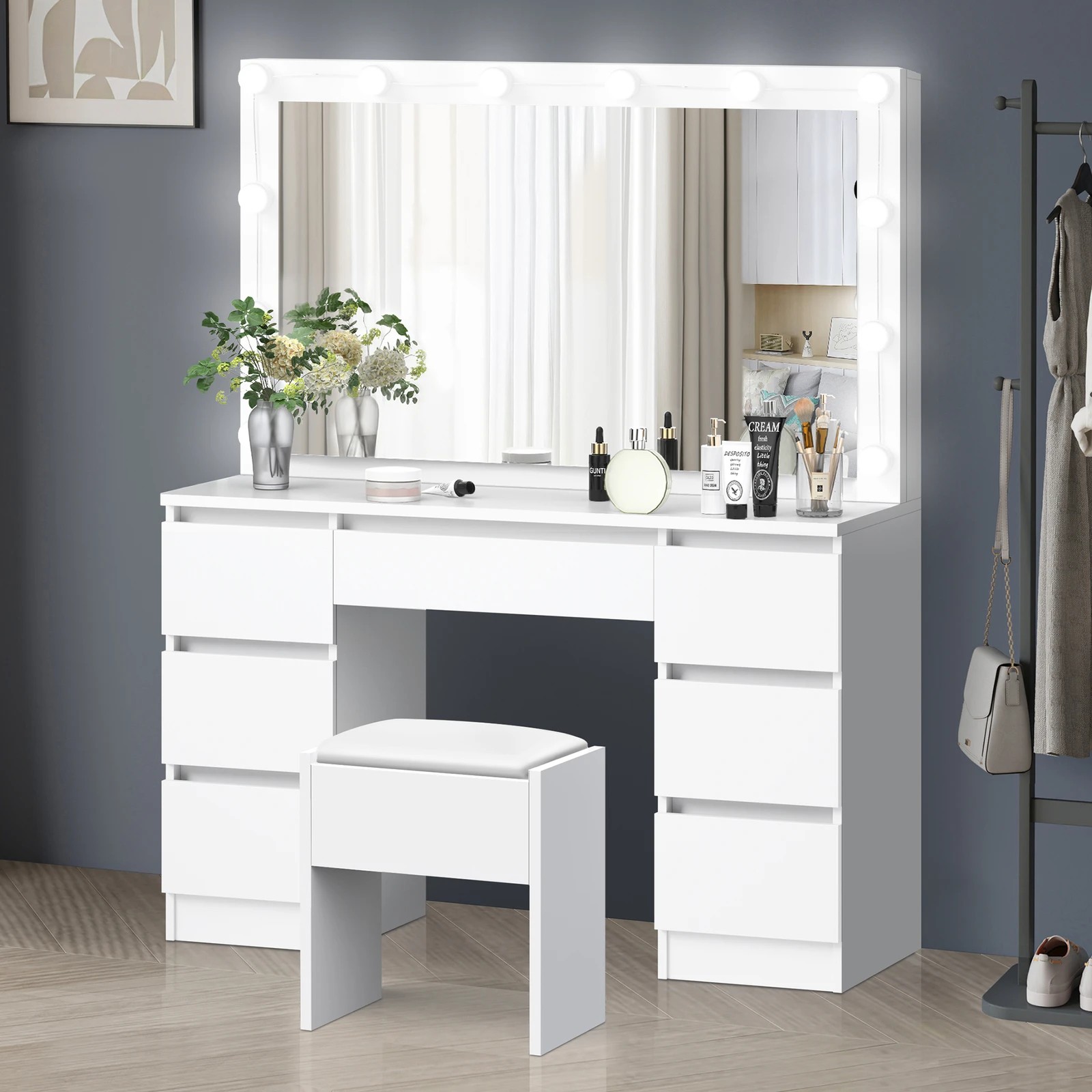 1 Alfordson Dressing Table Stool Set Makeup Mirror Desk LED 12 Bulbs - White, 1 of 10