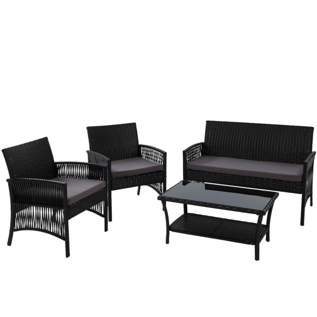 1 Gardeon 4 Piece Rattan Sofa Set Harp Chair Table UV Resistant Wicker Steel Metal Frame Cushioned Patio Lounge - black, 1 of 6