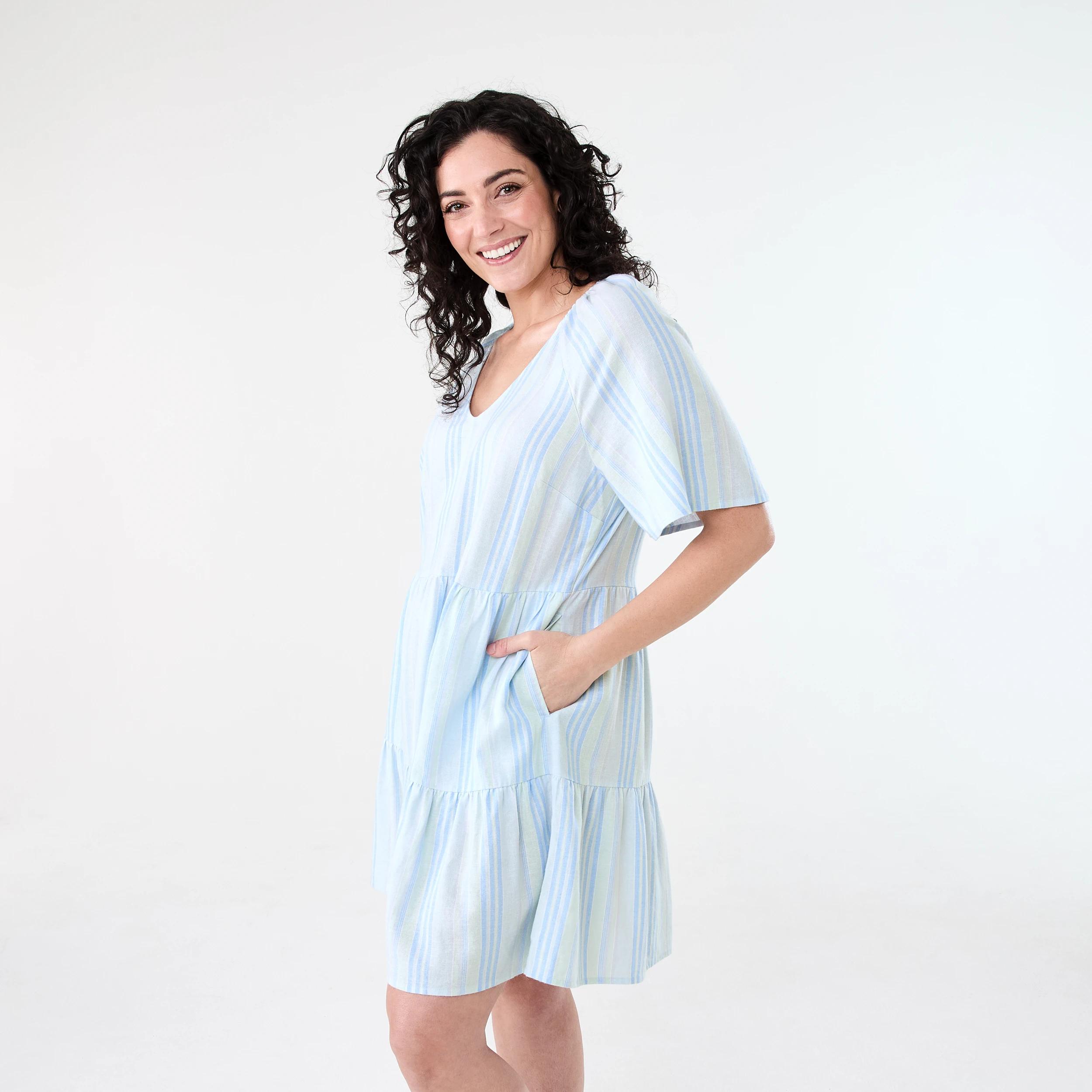 2 Short Sleeve Linen Blend Tiered Mini Dress Strp Spun, 2 of 9