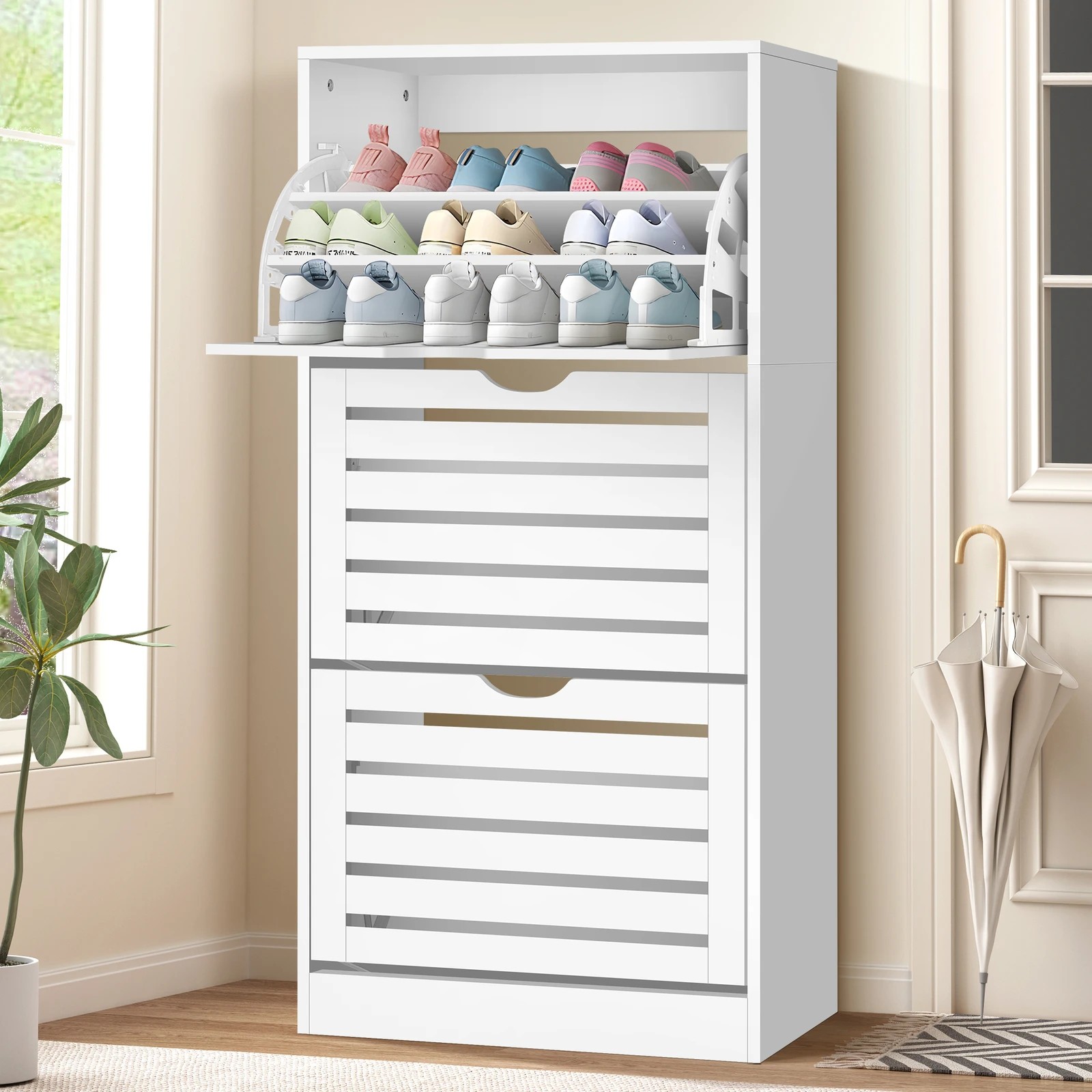 2 Alfordson Shoe Cabinet Organiser Storage Rack Flip-up Drawer 45 Pairs - White, 2 of 10