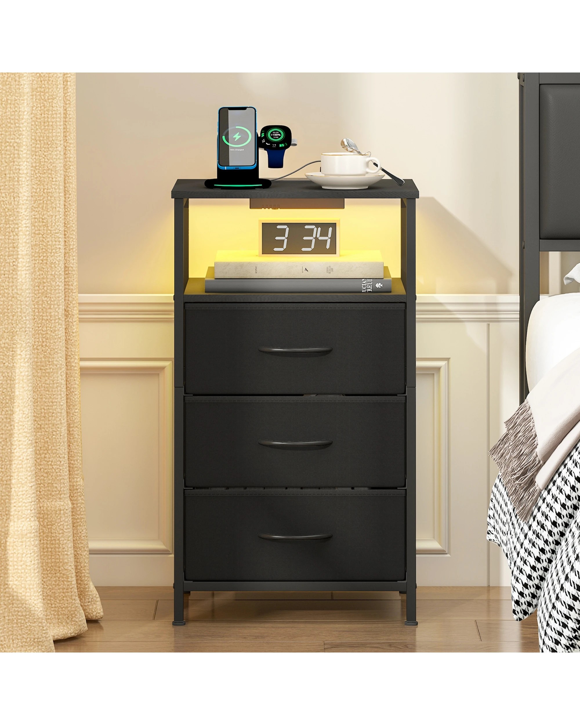 2 Advwin Led Bedside Table with Charging Station 3 Fabric Drawers - Black, 2 of 5