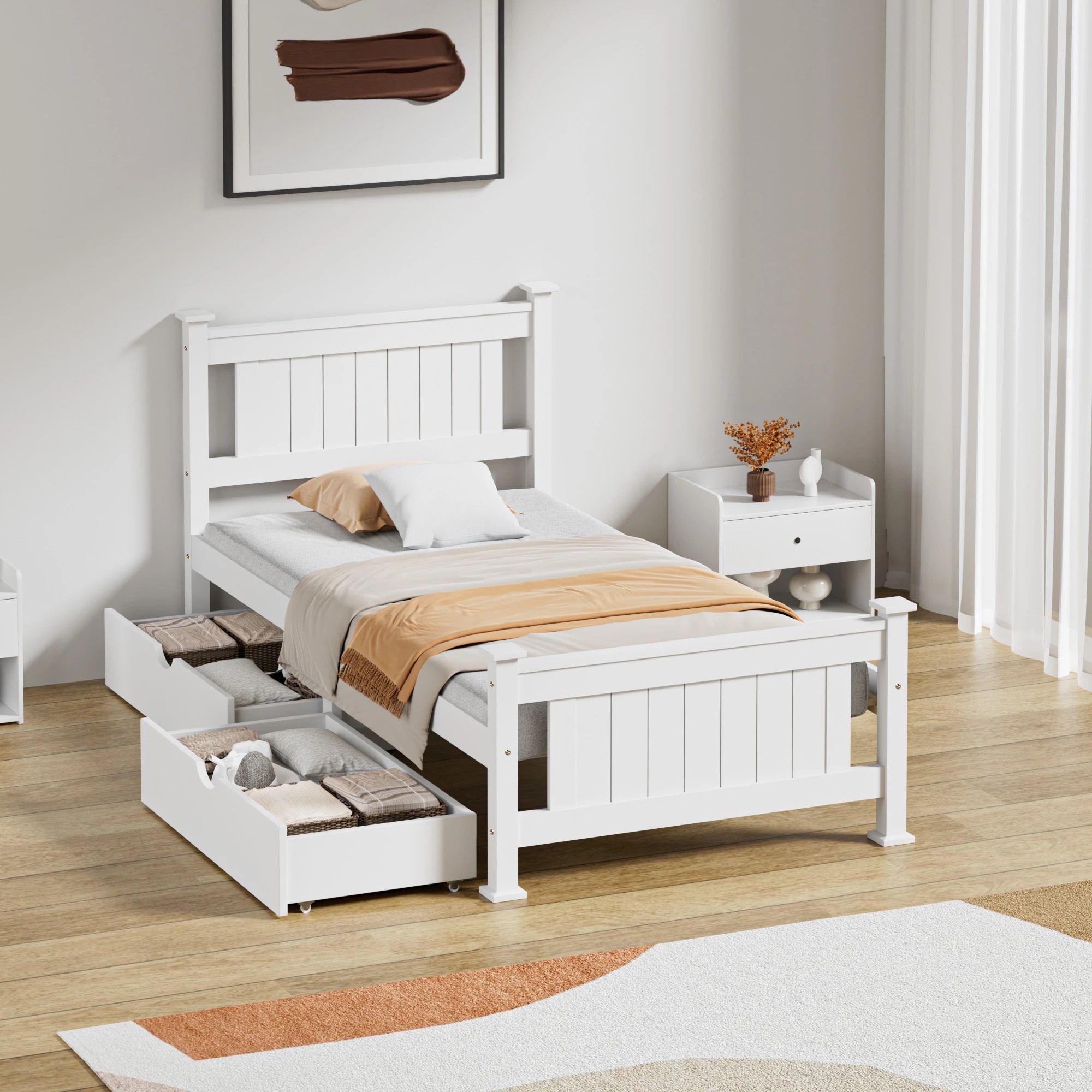 3 Oikiture Solid Pine Wood Bed Frame with 2 Trundle Drawers Single - White, 3 of 7