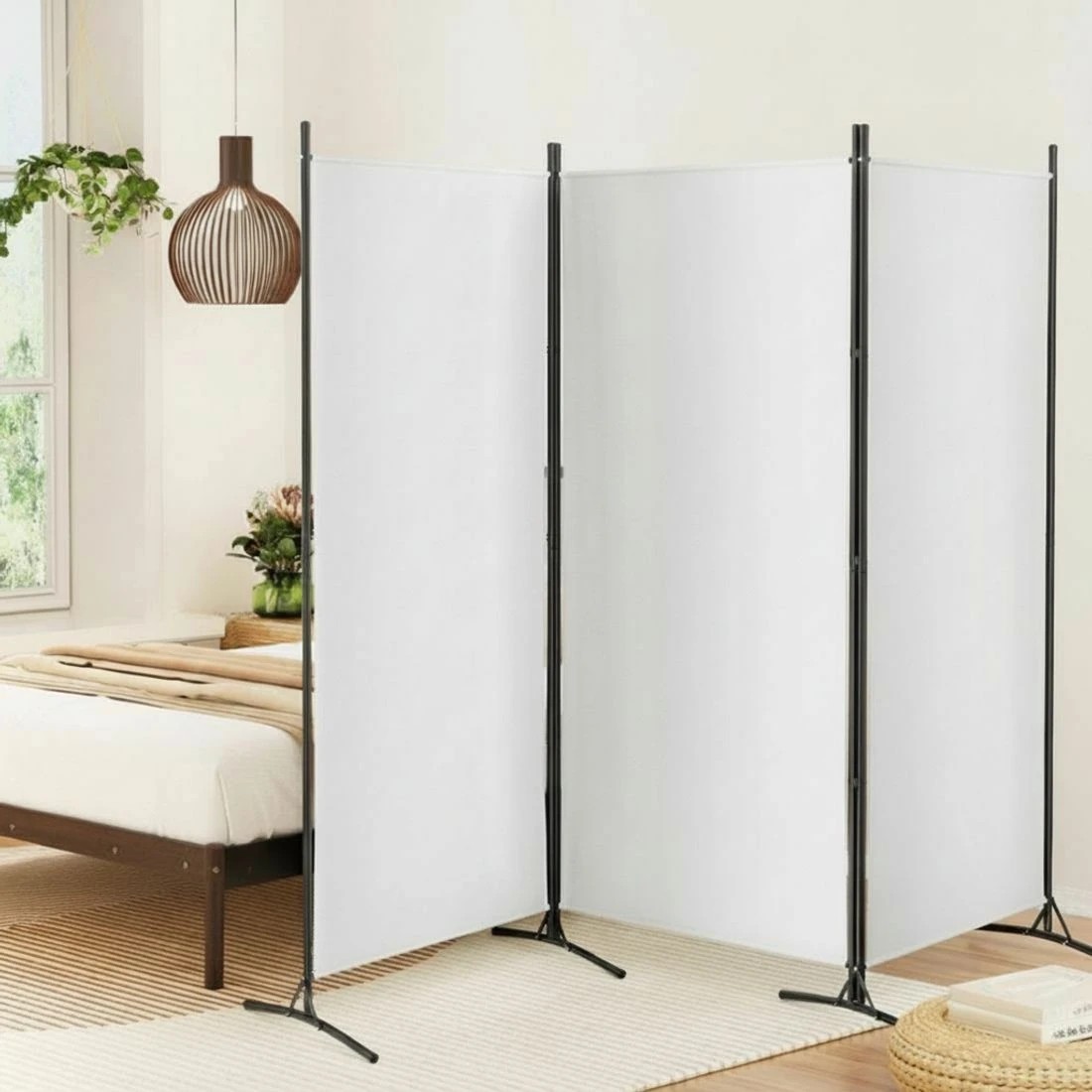 4 Artiss 3 Panel Room Divider Set of 2 Folding Privacy Screen Fabric Room Separator Partition - White, 4 of 7