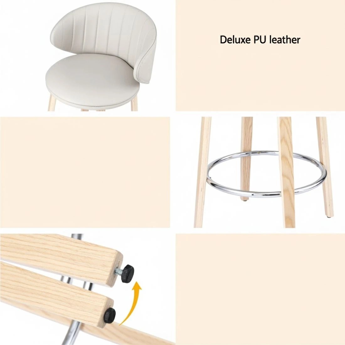 6 2x Artiss Bar Stools Dining Chairs Contou Leather Wood Stool - Beige, 6 of 6