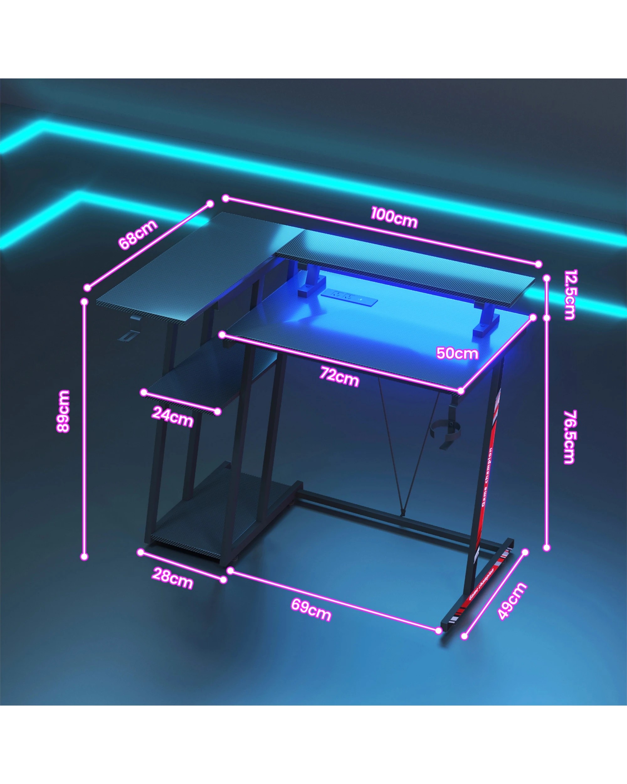 3 Advwin L Shaped Gaming Desk with LED Lights & Power Outlets Reversible Storage Shelf 100cm - Black, 3 of 10