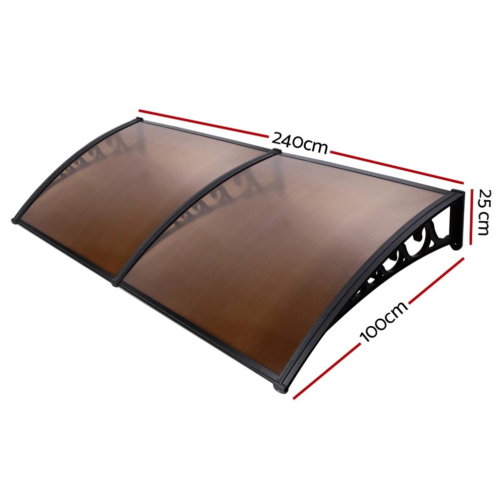 2 Instahut Window Door Awning 1mx2.4m Brown Hollow Sheet Plastic - Multi, 2 of 6
