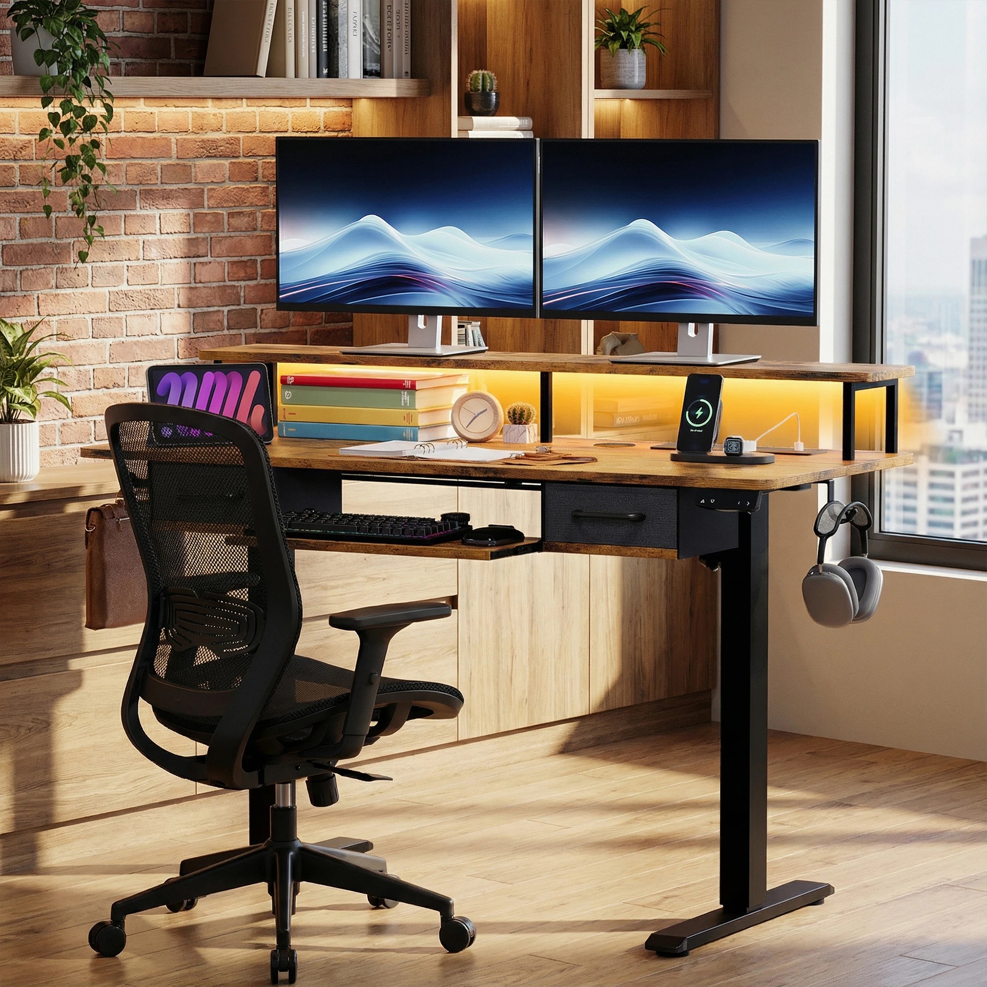 8 Advwin Electric Standing Desk with Monitor Stand and keyboard tray 120cm - Brown, 8 of 8