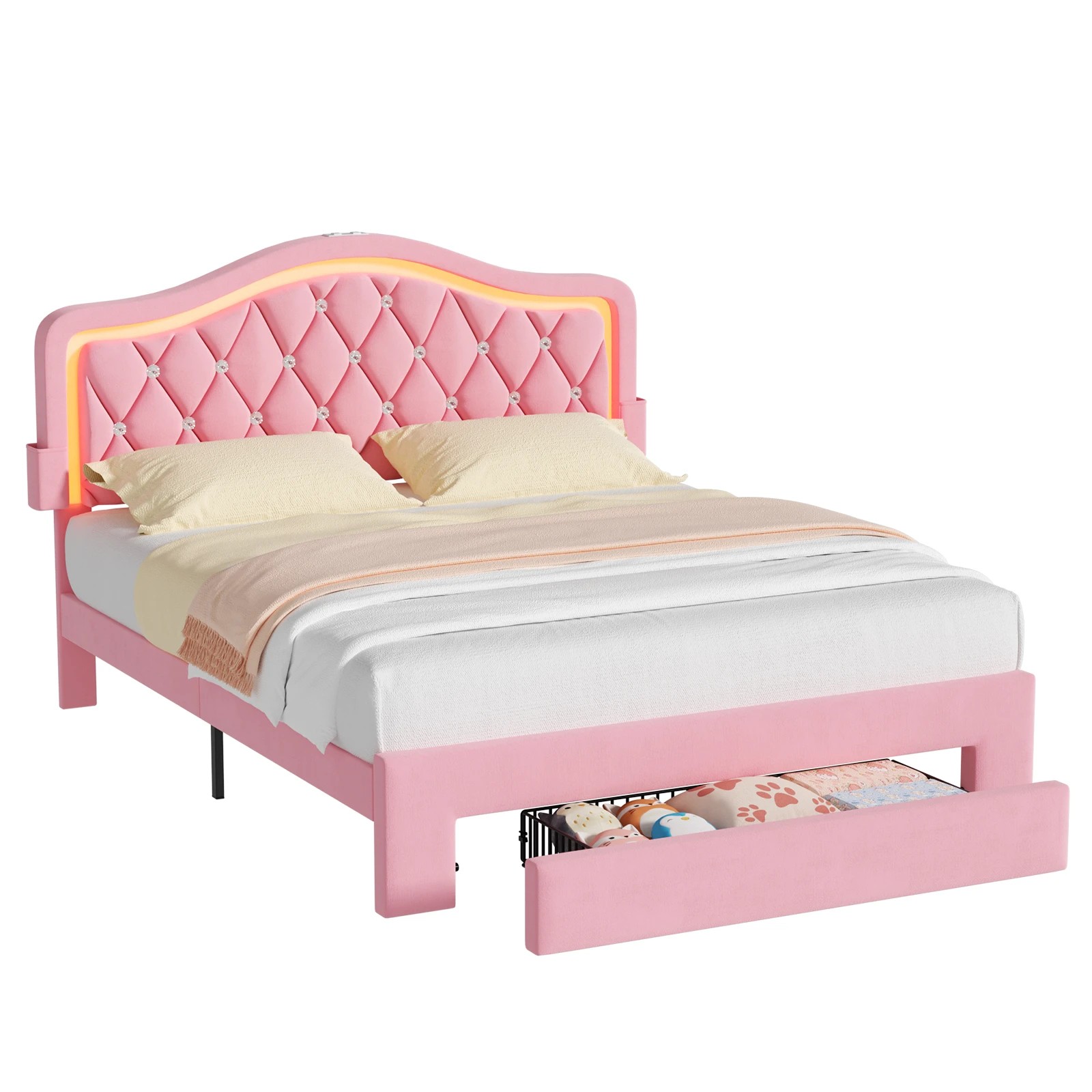 1 Advwin LED Velvet Bed Frame with Adjustable Headboard and Storage Drawer Double - Pink, 1 of 9