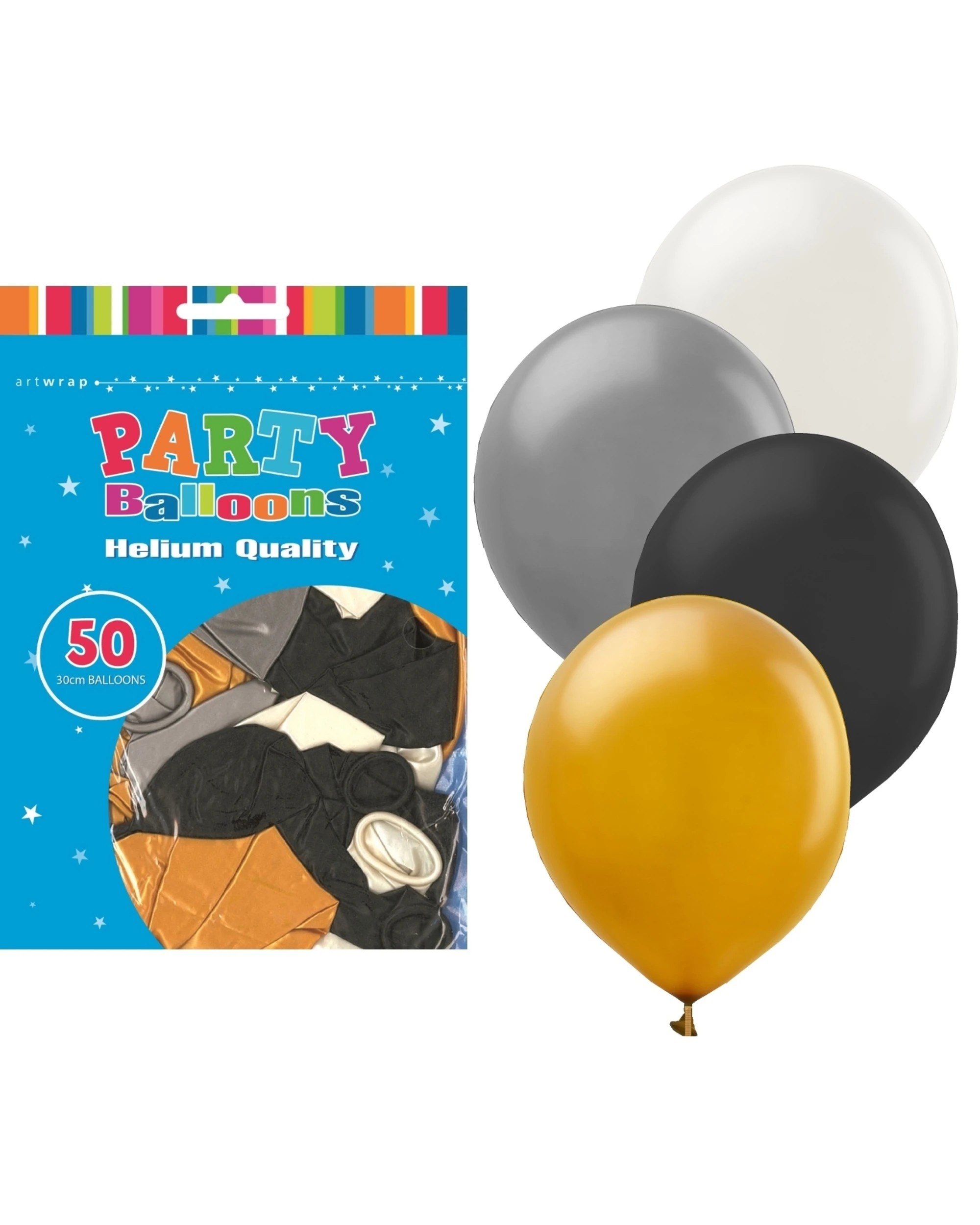 2 Artwrap Metallic Balloons Pack of 50 - Black Gold and Silver - Gold, Black, Silver, 2 of 2