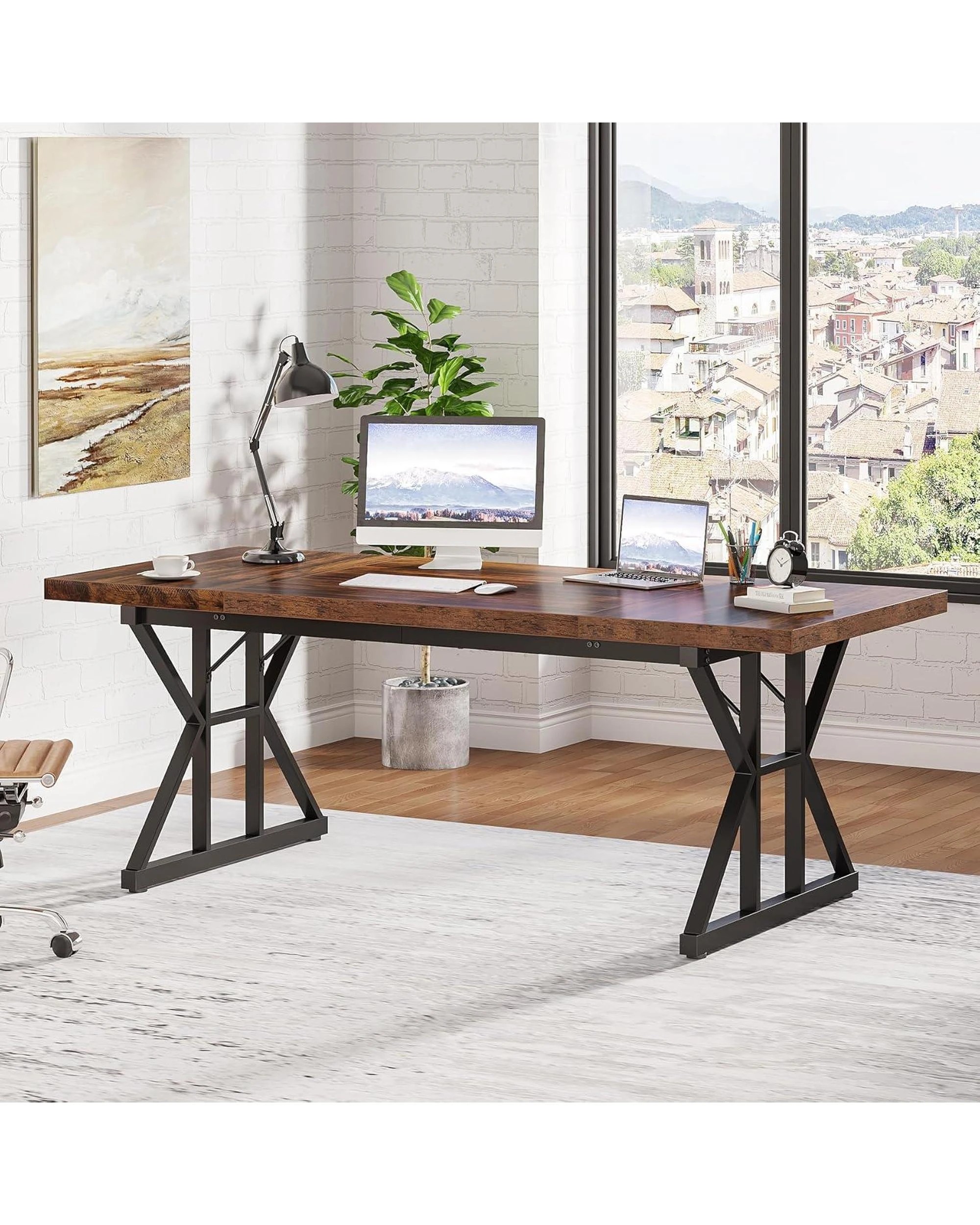 3 OAKORY 180cm Home office Desk with Metal X-shaped Trestle legs Rustic Brown and Black, 3 of 5