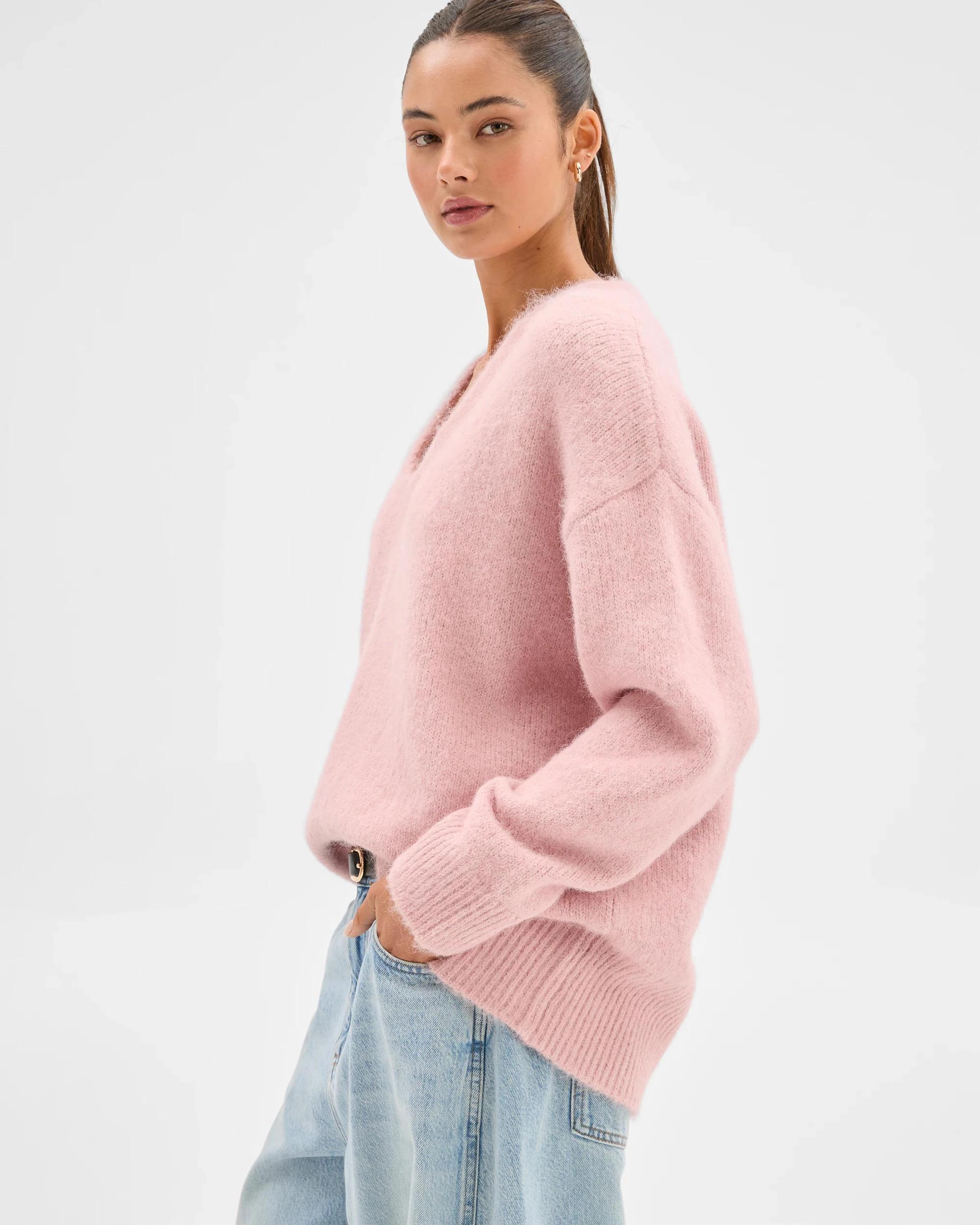 4 Lily Loves V-Neck Fluffy Knit Jumper DAHLIA PINK, 4 of 6