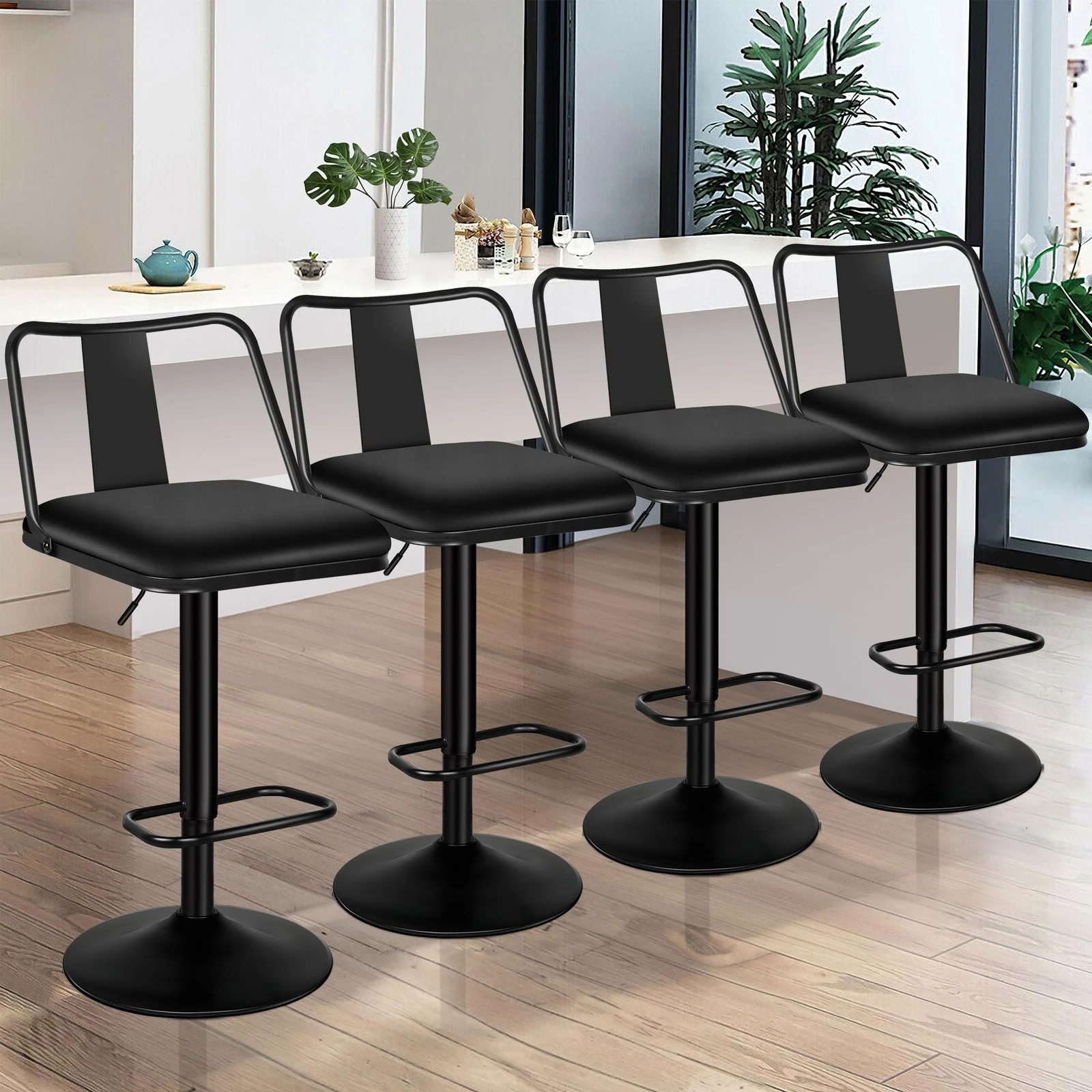 2 Alfordson 4x Bar Stools Gas Lift Leather Bar Chairs Kitchen Swivel Gloria - Black, 2 of 10