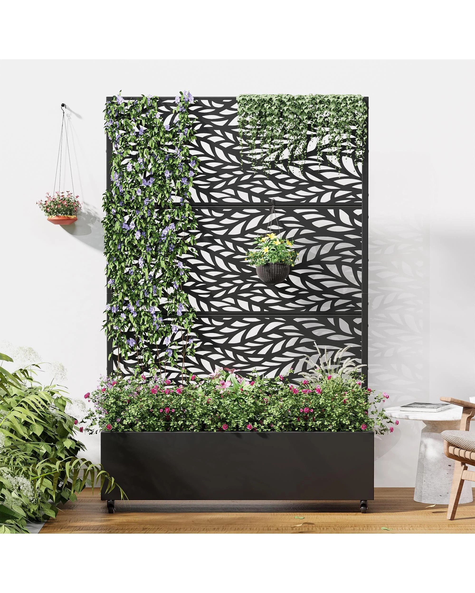2 OAKORY 180cm Metal Planter Box with Privacy Screen and Lockable Wheels, Drainage Hole, Raised Garden Bed Patio - Black, 2 of 5