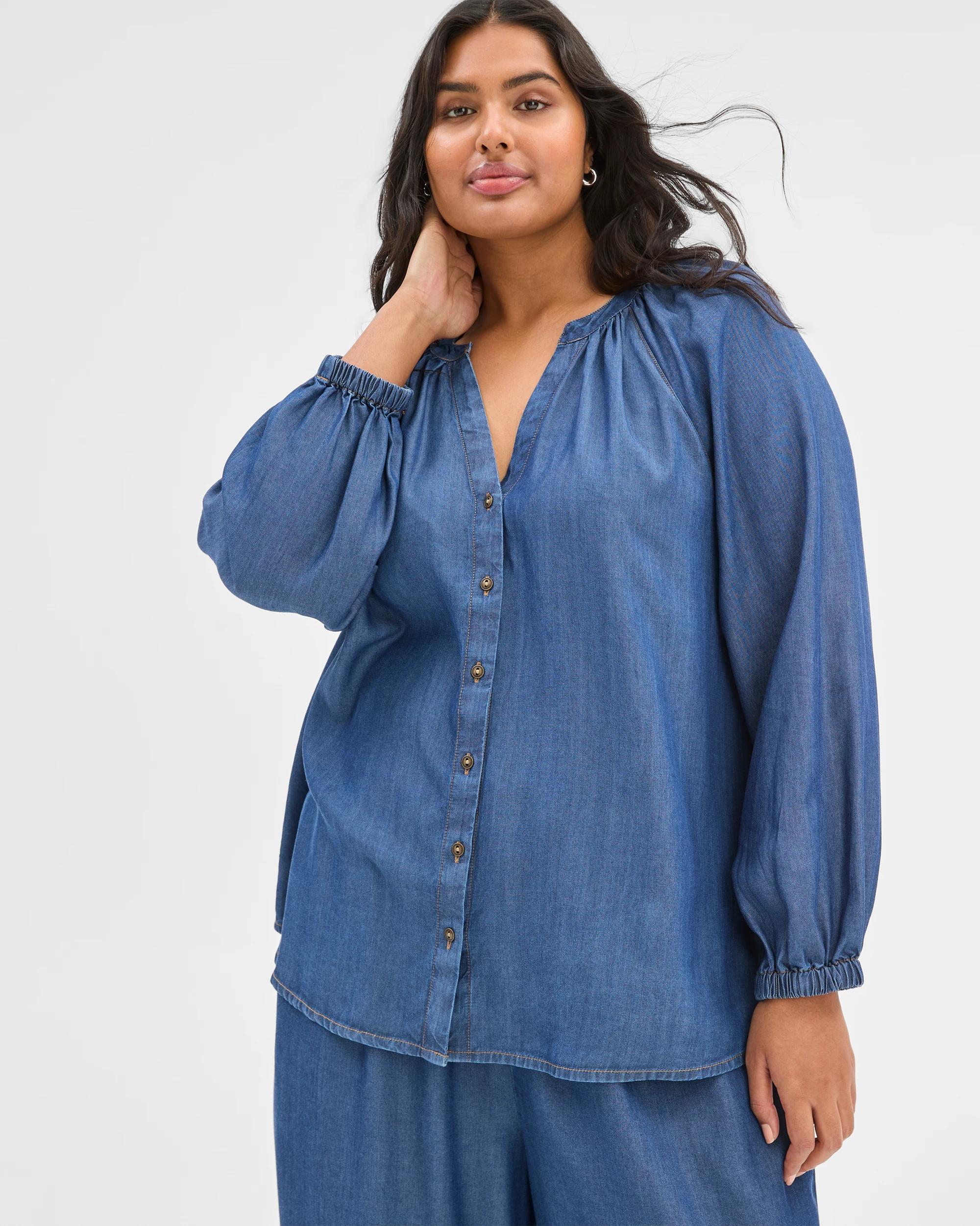 1 Target Plus Size Long Sleeve Shirt MID WASH BLUE, 1 of 5
