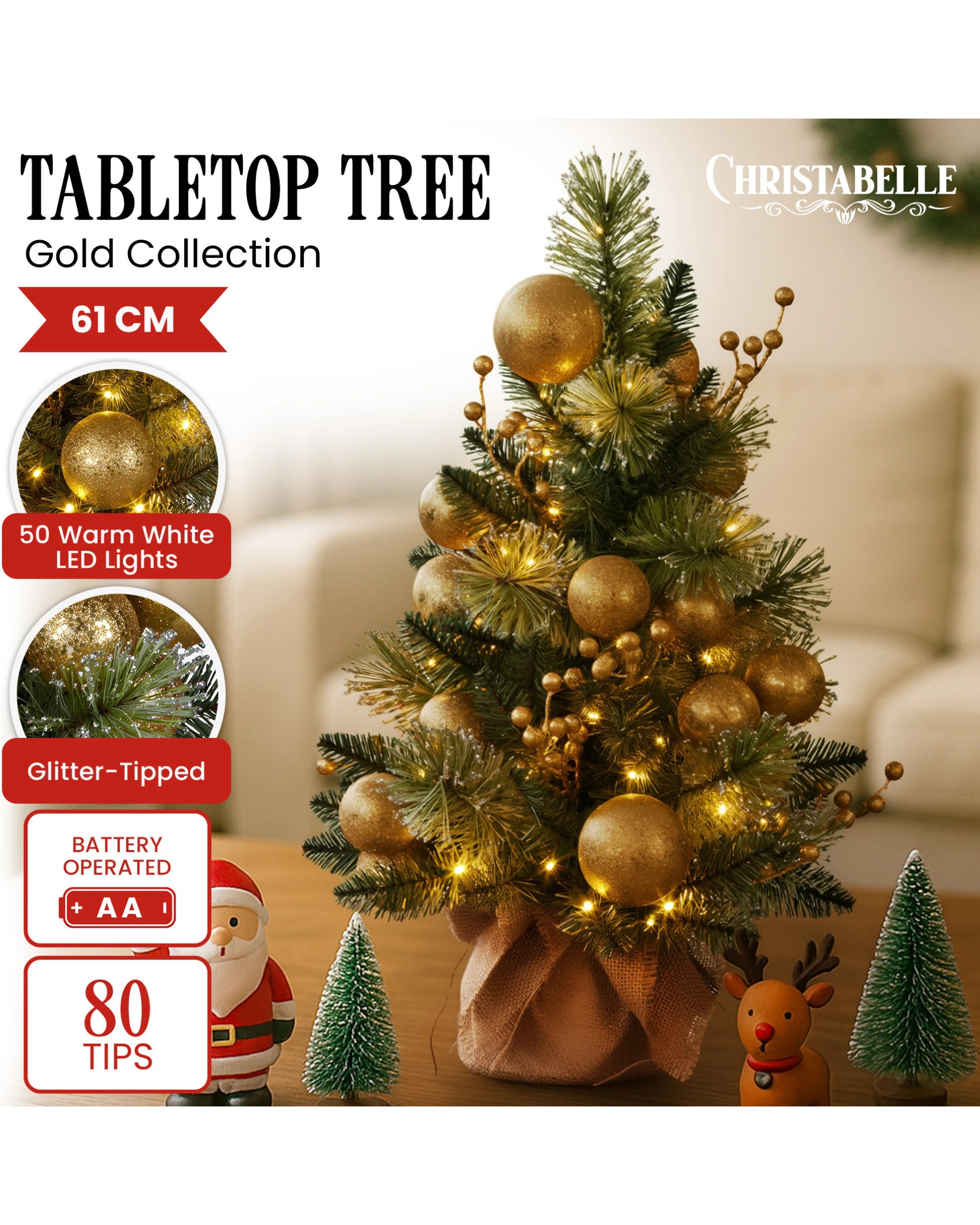 7 Christabelle 61cm Battery-operated Christmas Tree Warm Lights Led Table Top Gold, 7 of 7