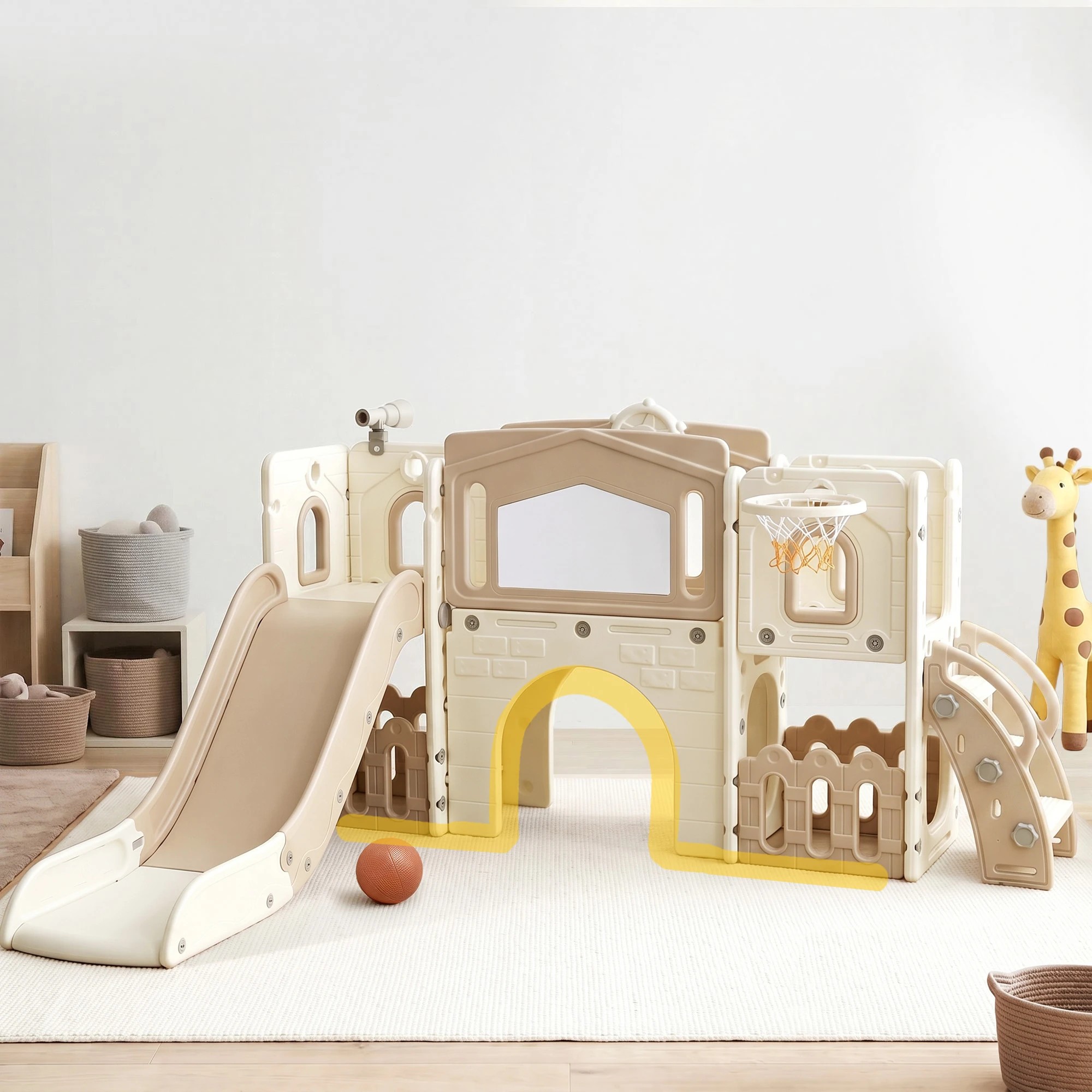 5 Keezi Kids Slide Set Indoor Toddler Playset With Basketball Hoop And Drawing Board - Beige, 5 of 9