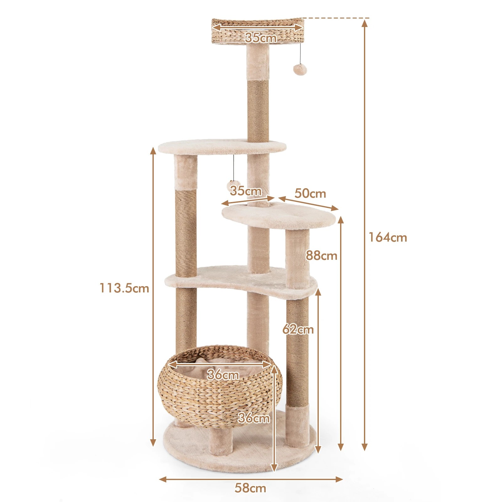 2 Costway 164cm Wooden Cat Scratching Post w/Dangling Balls - Beige, 2 of 3