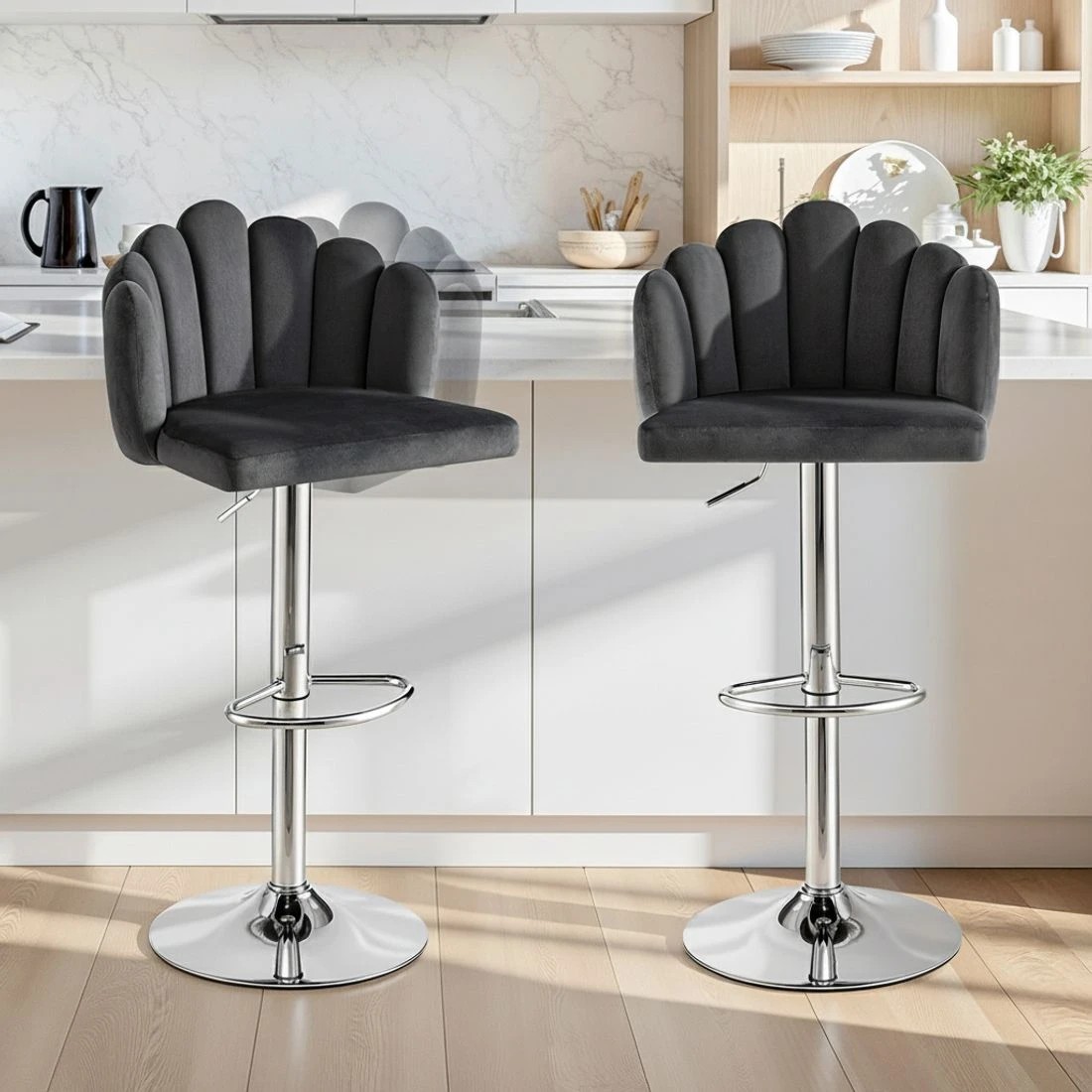 4 Artiss Bar Stool X2 Kitchen Dining Counter Gaslift Chair Adjustable Velvet - Grey, 4 of 6