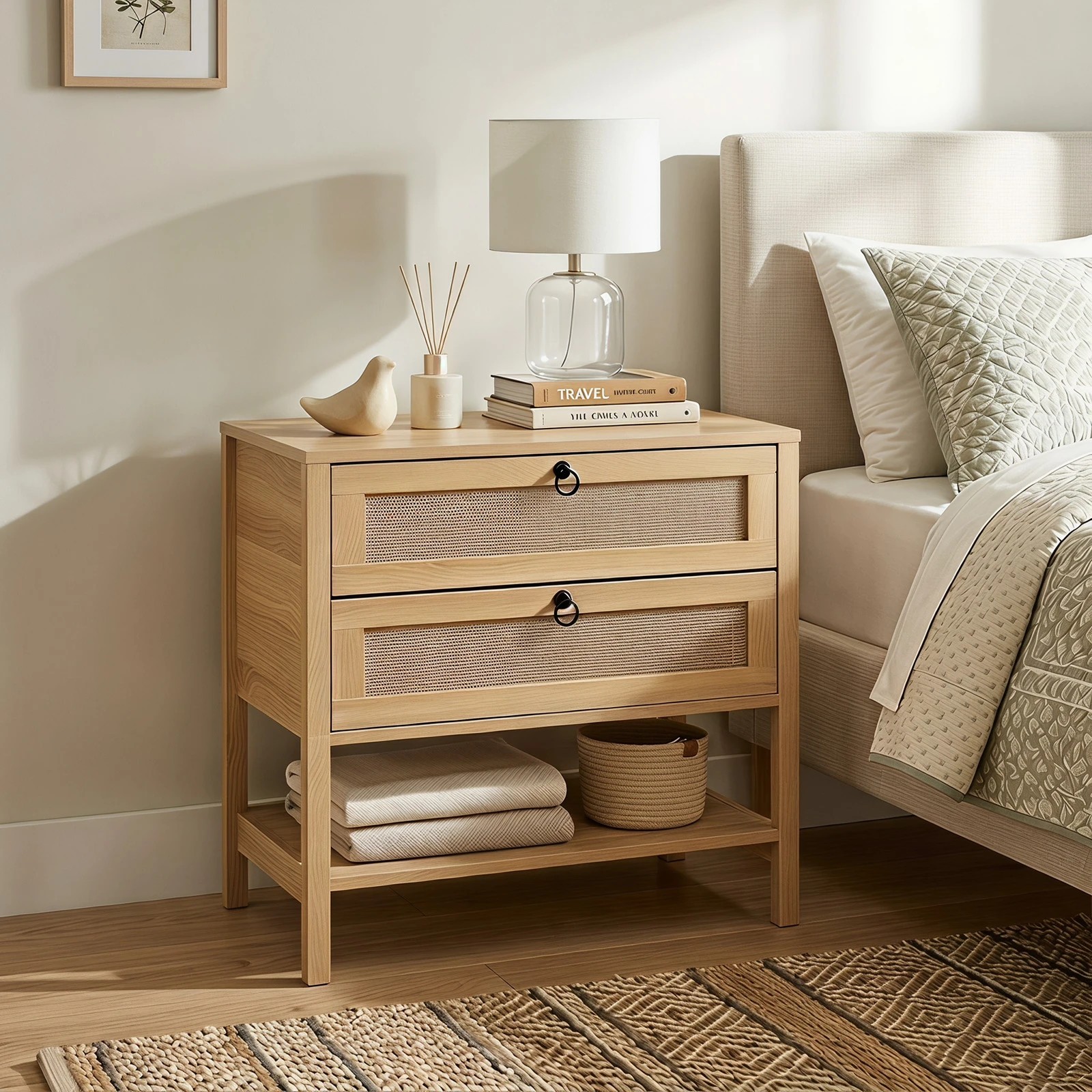 4 Costway Boho Sofa Side Table Rattan Nightstand Bedside Table - Natural, 4 of 5