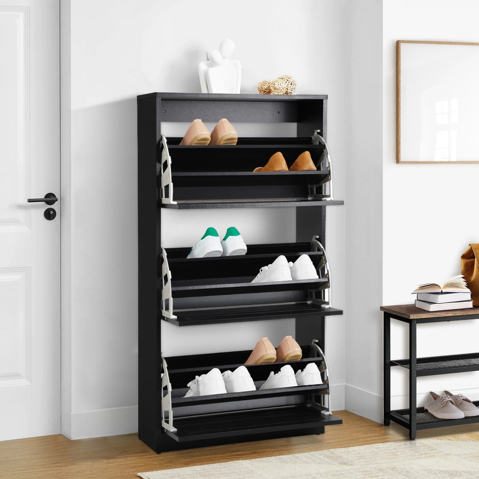 3 Oikiture Shoe Rack Shoes Storage Cabinet Organiser Shelf 3 Doors 45 Pairs
 - Black, 3 of 9