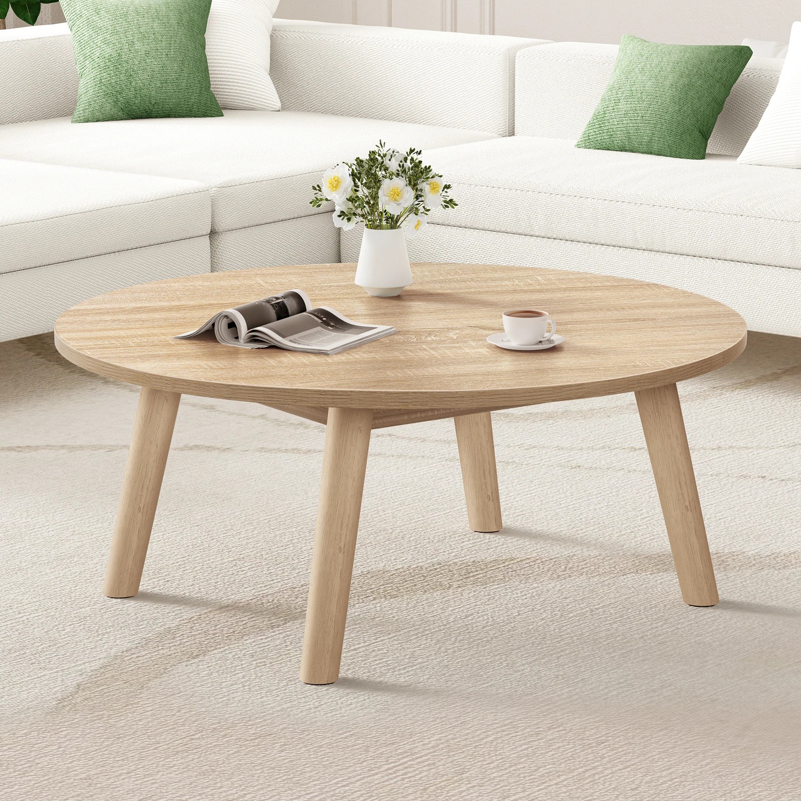 1 Alfordson Coffee Table Modern Round Table Sturdy Wooden Legs Living Room - Oak, 1 of 10