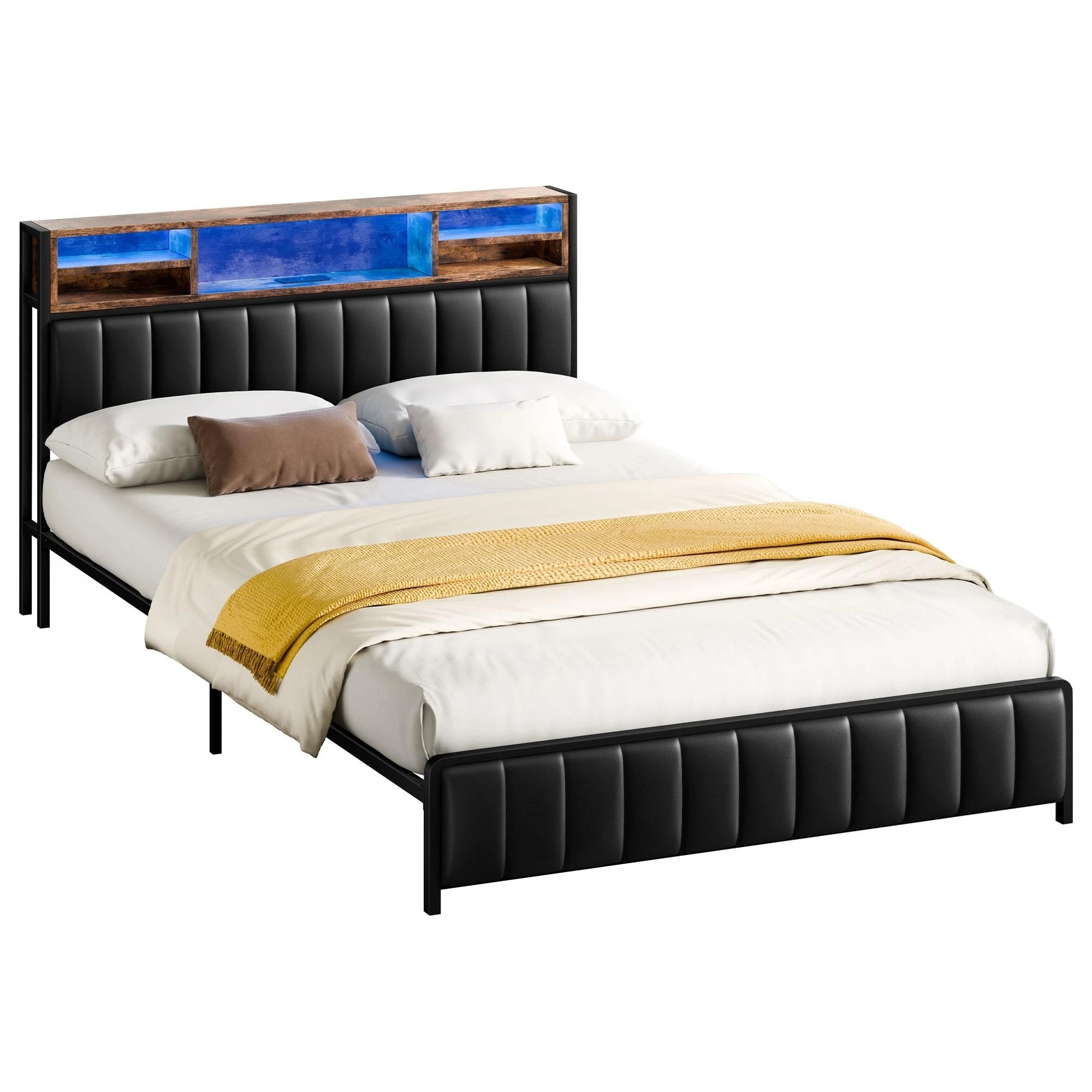 1 Alfordson Bed Frame Double LED Charging Station Leather - Black, 1 of 10