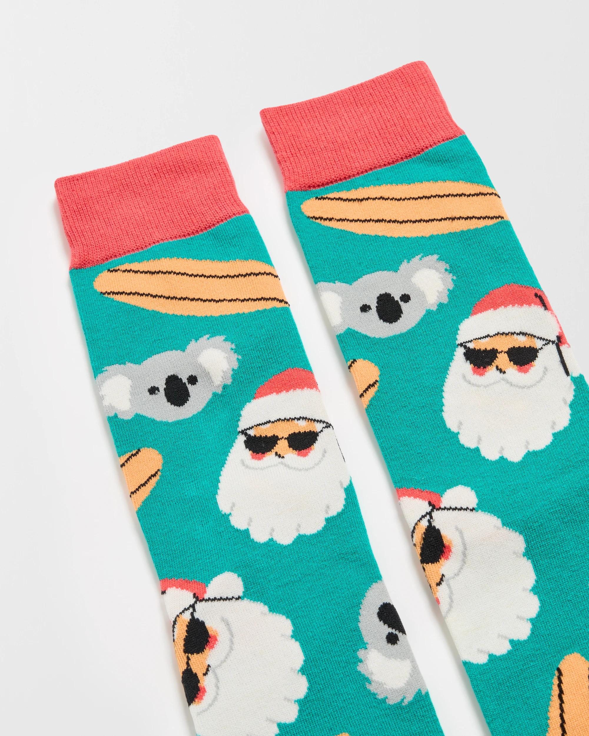 2 Swag  Crew Socks - Christmas Aussie BBQ Santa TEAL, 2 of 2