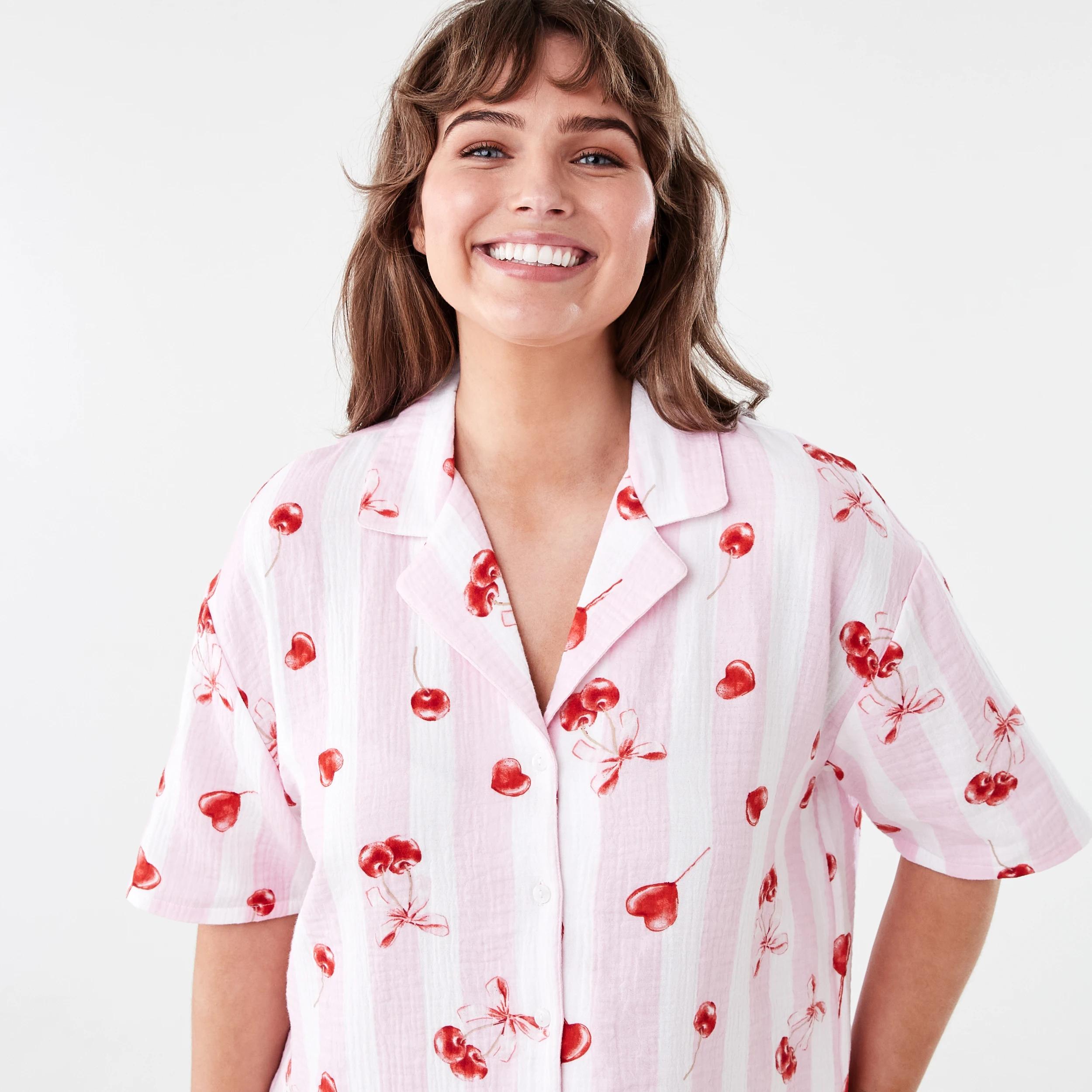 4 Short Sleeve Top and Shorts Double Cloth Frill Boxy Pyjama Set Cherry Str, 4 of 7