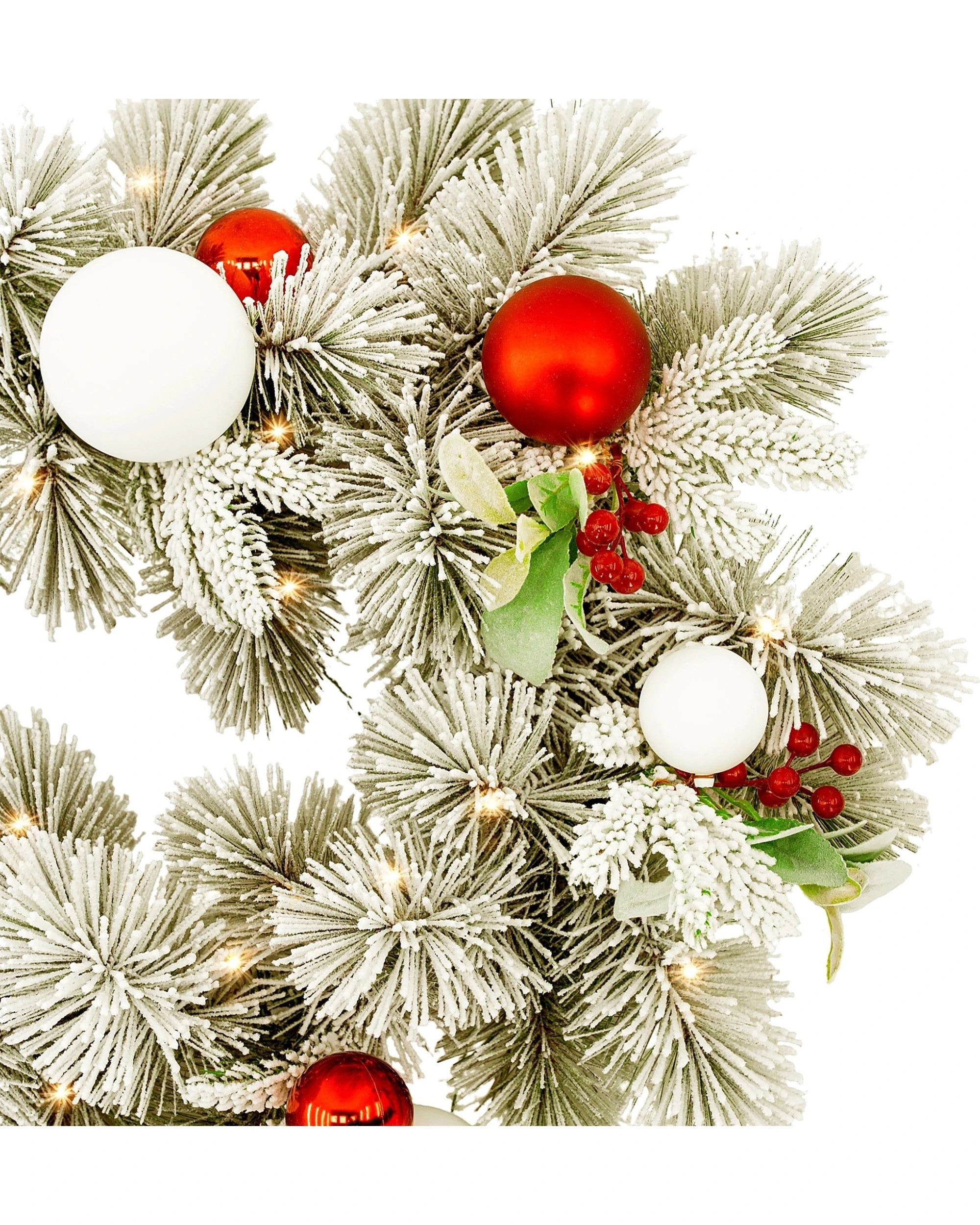 7 Christabelle 2.74m Snowy Elegance Christmas Garland Pre Lit Warm White LED Red Baubles Berries Flocked Mantel Banister, 7 of 7