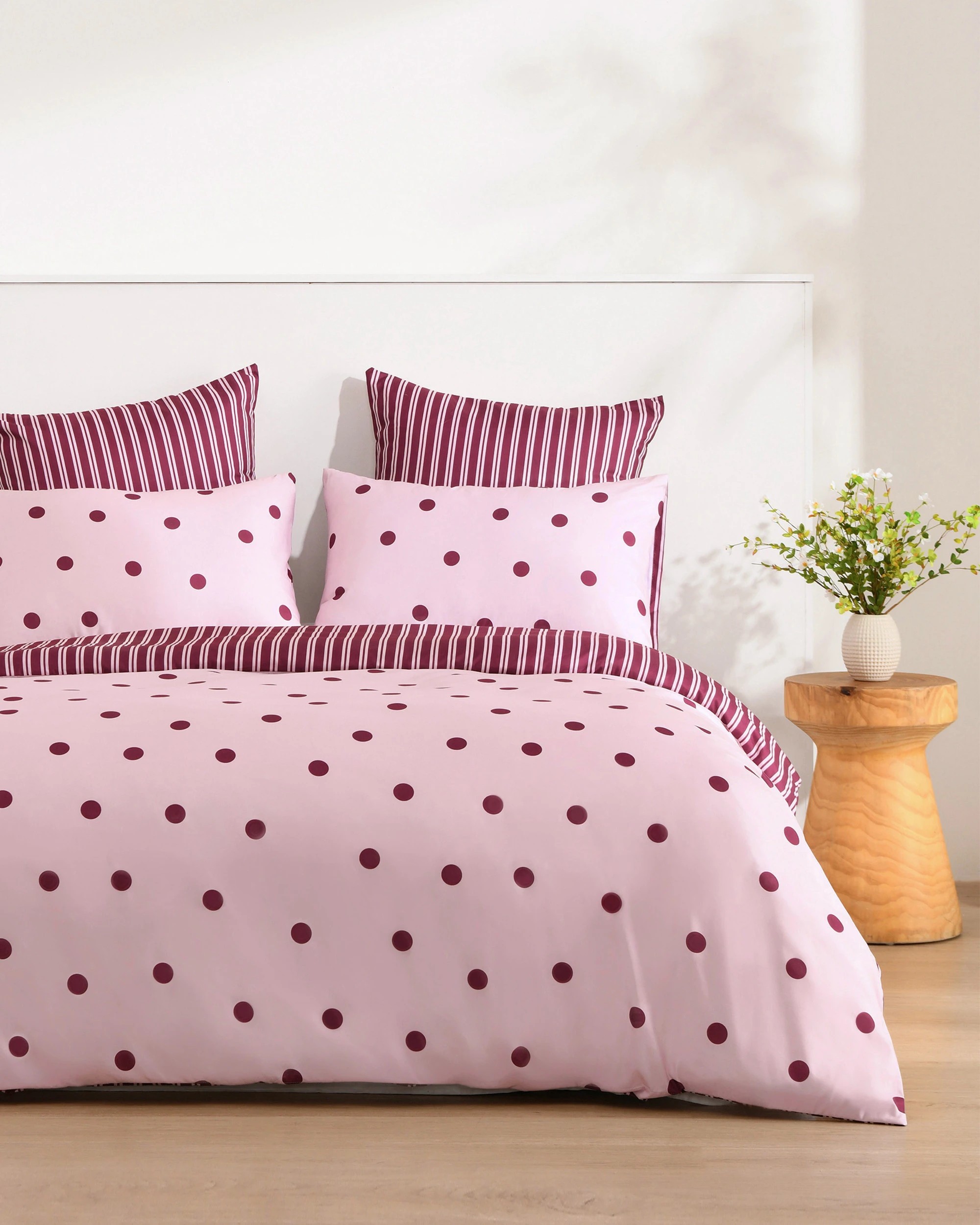 1 Dreamaker Pippa Polka Dot & Stripe Reversible Quilt Cover Set - Queen Bed - Pink/Plum, 1 of 6