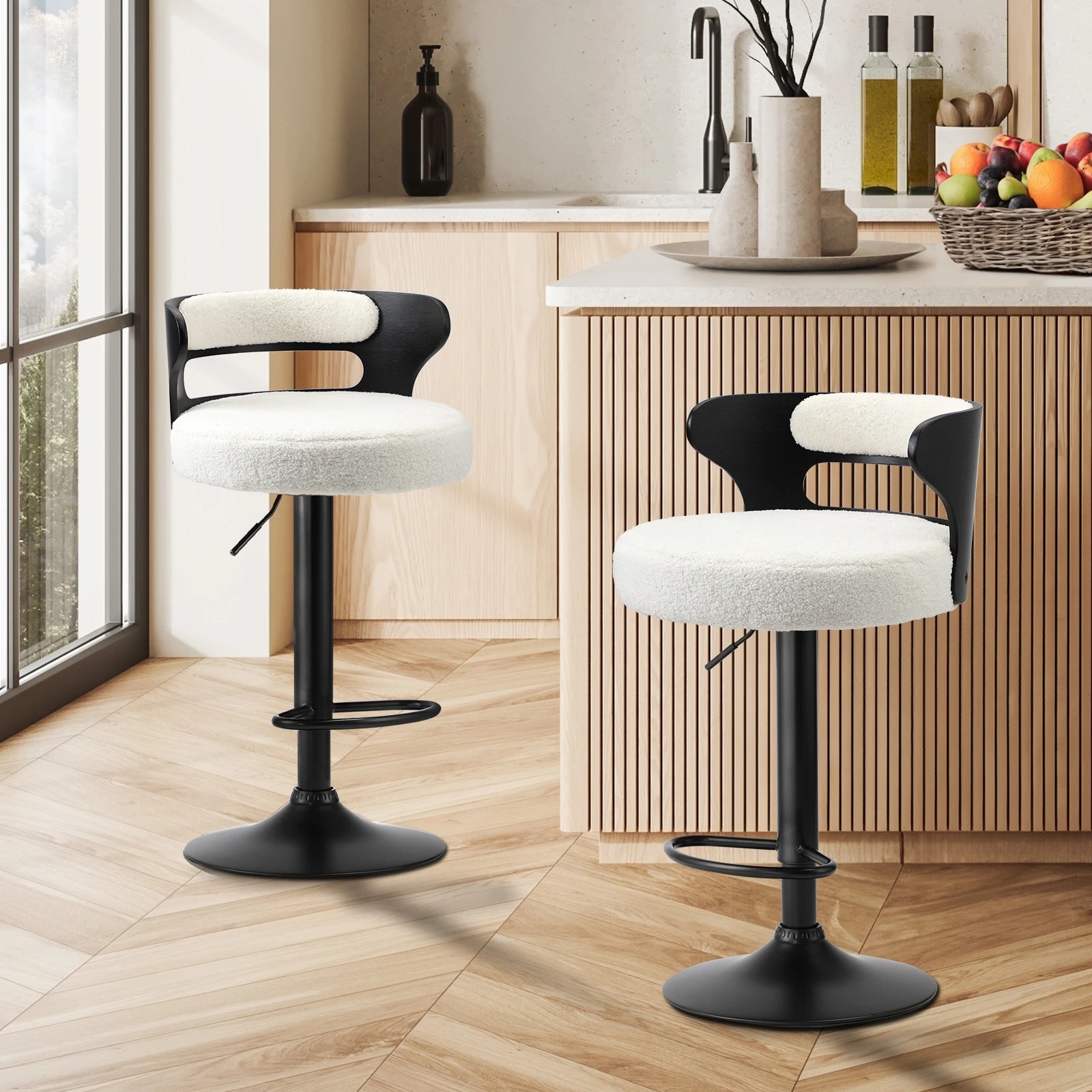 2 Oikiture 2x Bar Stools Kitchen Gas Lift Swivel Chairs Stool Wooden Boucle
 - White, 2 of 9