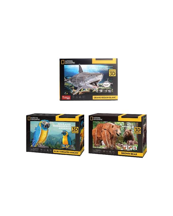 National Geographic 3pc Macaws Great Shark Bear 3D Puzzles Kids Toy Set - Multi