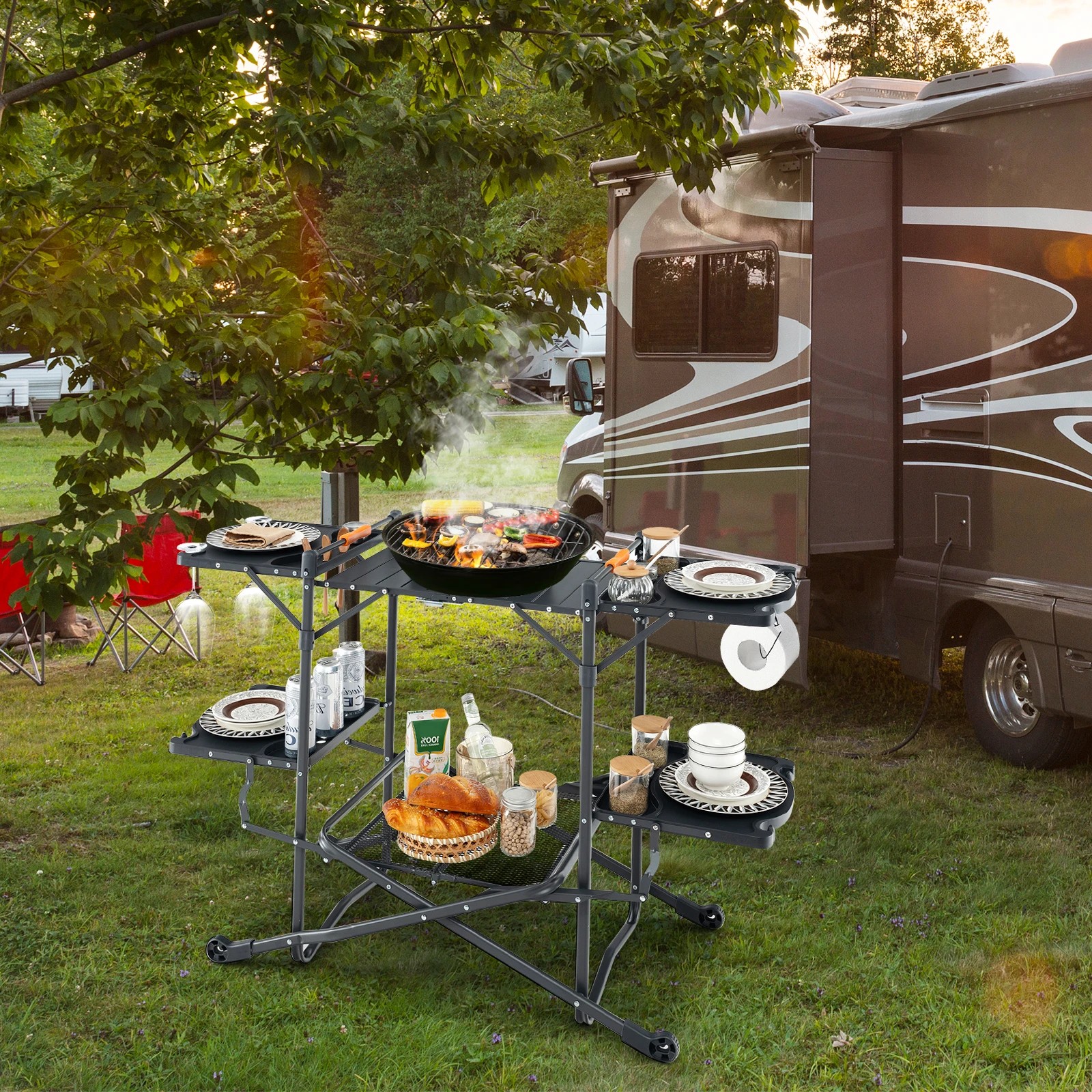 2 Costway Camping Kitchen Table Outdoor Cook Station Aluminum Tabletop w/4 Side Tables - Black, 2 of 3
