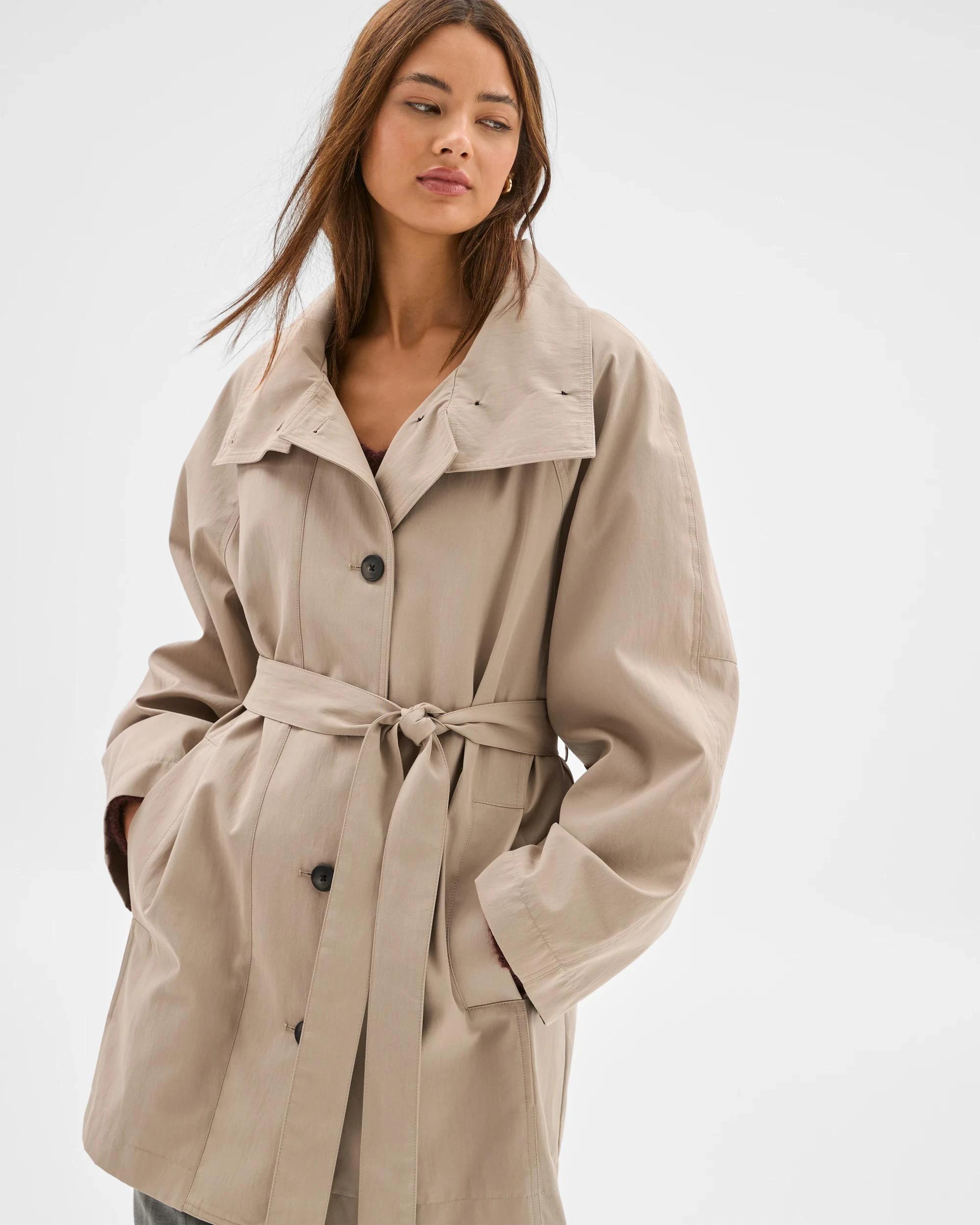 3 Lily Loves Australian Cotton Blend Funnel Neck Short Trench Coat LIGHT KHAKI, 3 of 7