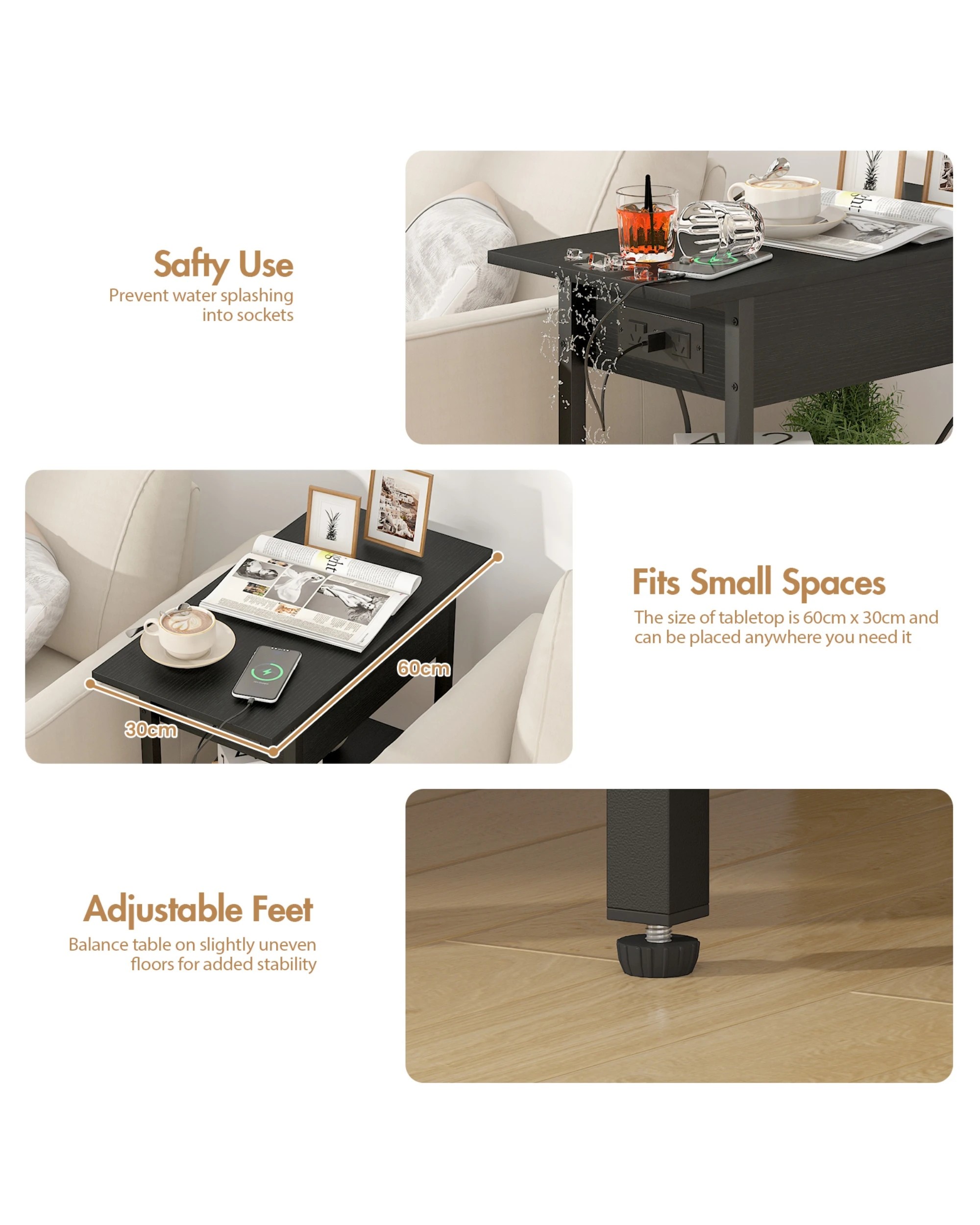 3 Advwin Set Of 2 Flip Top Side Table W/ Charging Station Black, 3 of 4