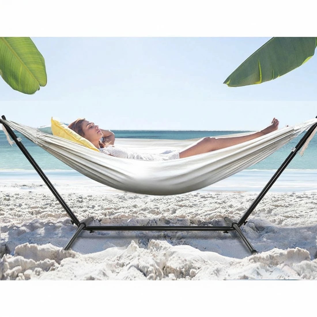 3 Gardeon Hammock Bed Camping Chair Outdoor Lounge Single Cotton with Stand - Beige, 3 of 6