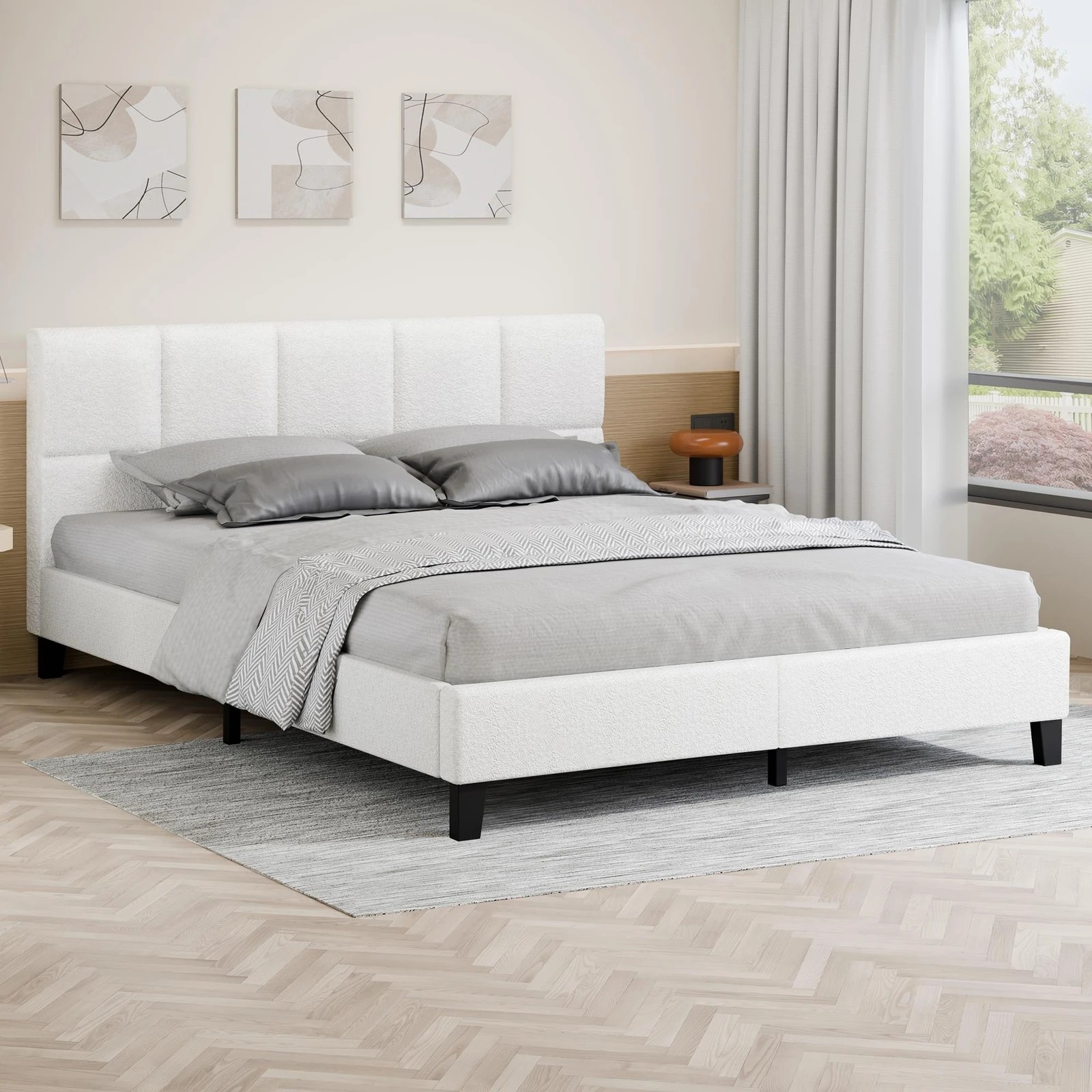 2 Alfordson Bed Frame King Size Wooden Platform Mattress Base Boucle Fabric - White, 2 of 10