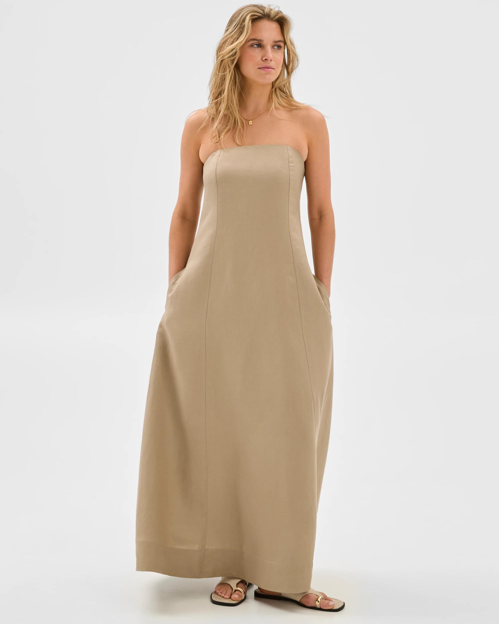 1 Lily Loves European Linen Blend Strapless Maxi Dress DRIFTWOOD, 1 of 7