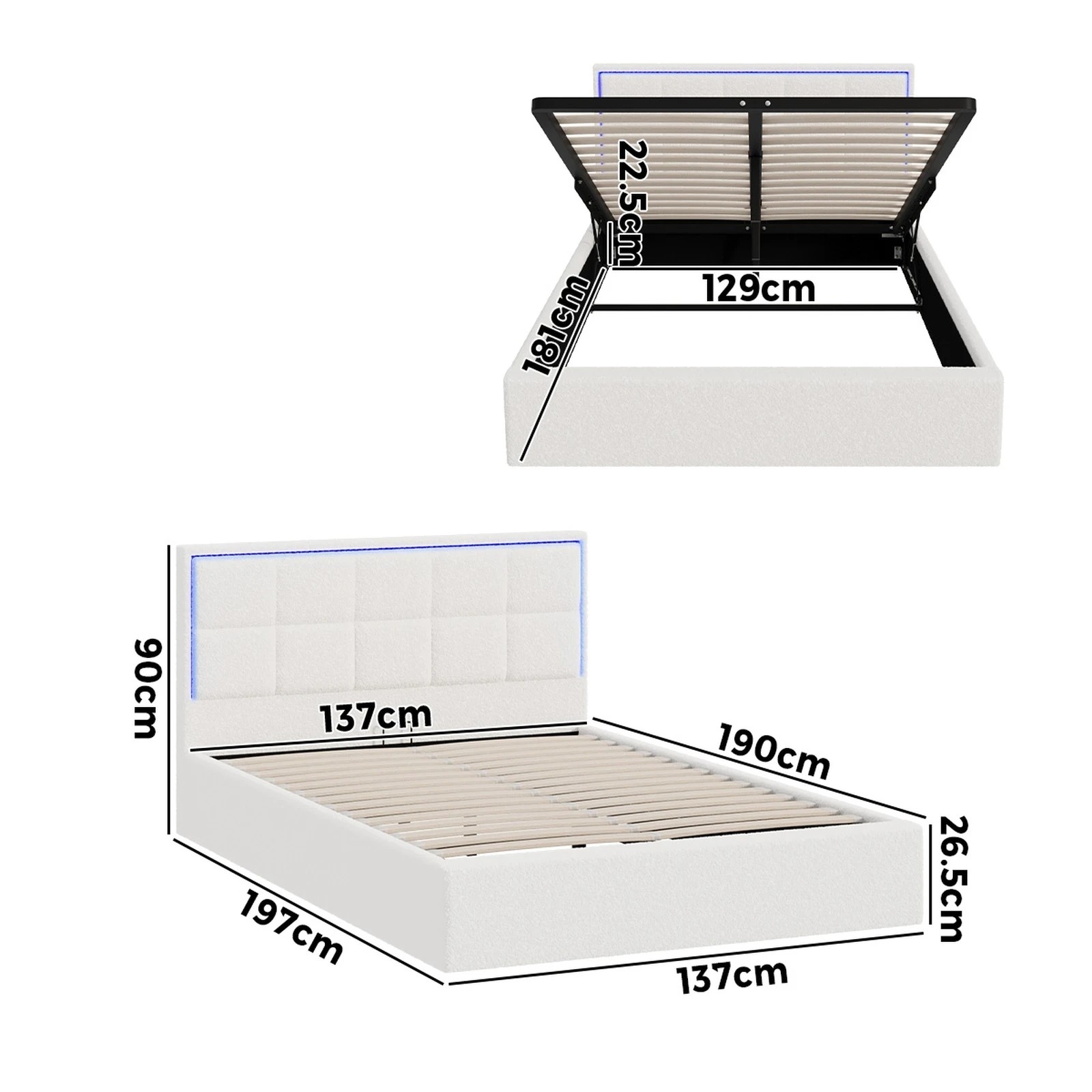 2 Oikiture Bed Frame Double Size RGB LED Gas Lift Storage Base Boucle - White, 2 of 9
