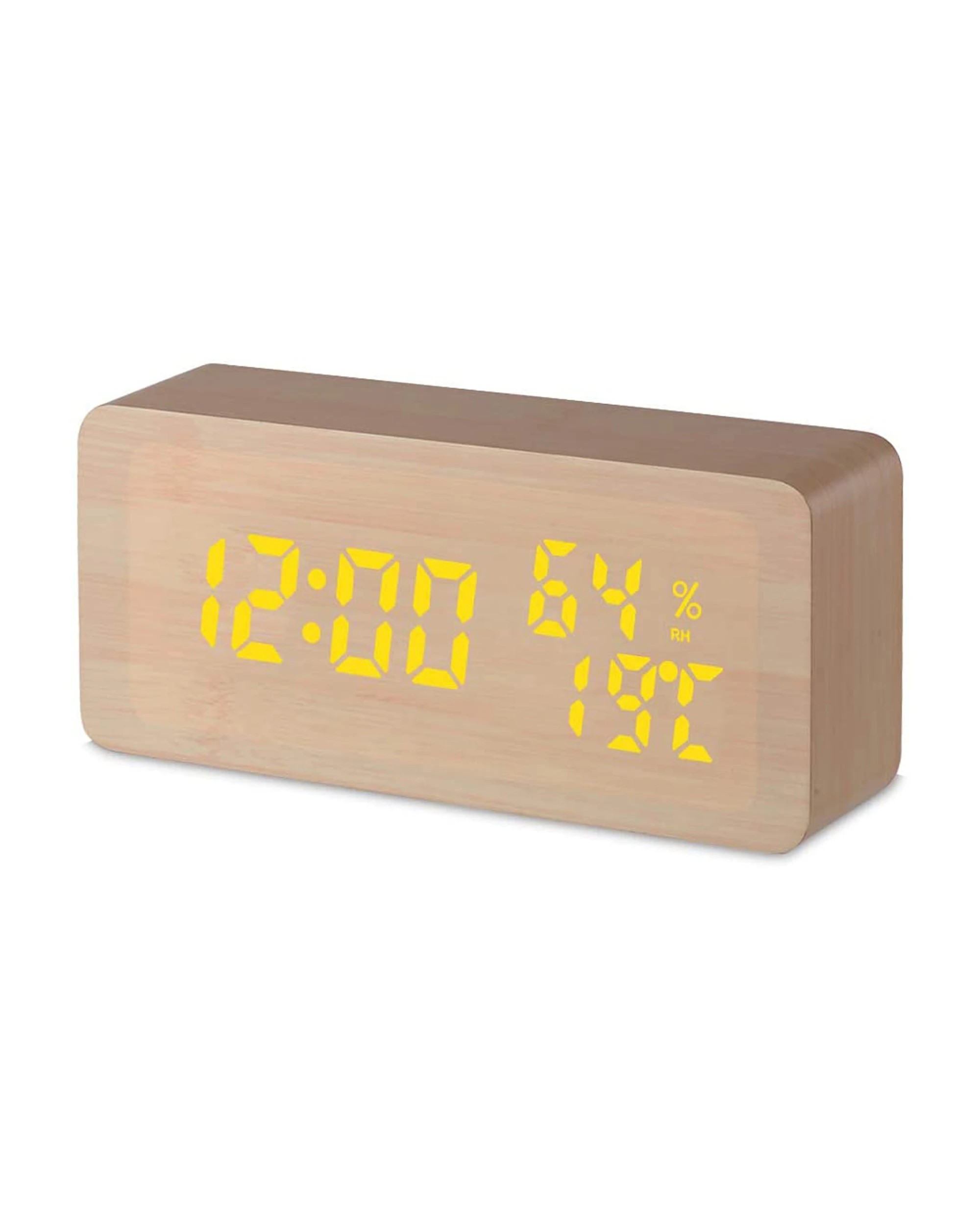 1 TODO LED Digital Alarm Clock Woodgrain Temperature Humidity USB Power - Beige, 1 of 2