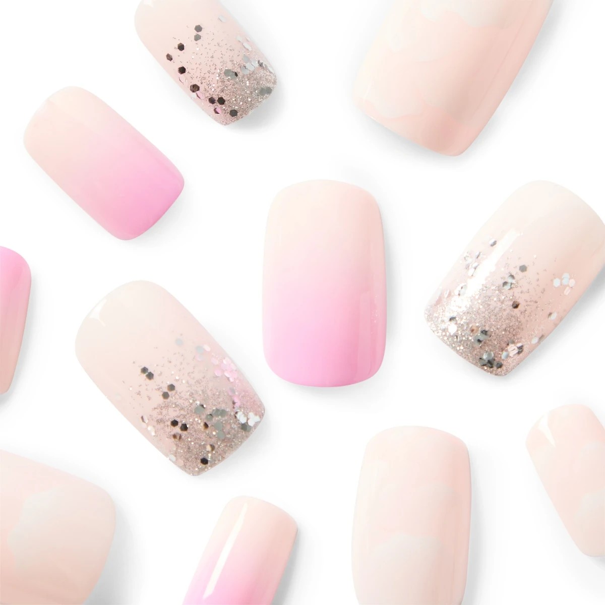 3 OXX Cosmetics 24 Pack Artificial Nails with Adhesive - Medium Square Shape, Pink Ombre and Silver Glitter, 3 of 5
