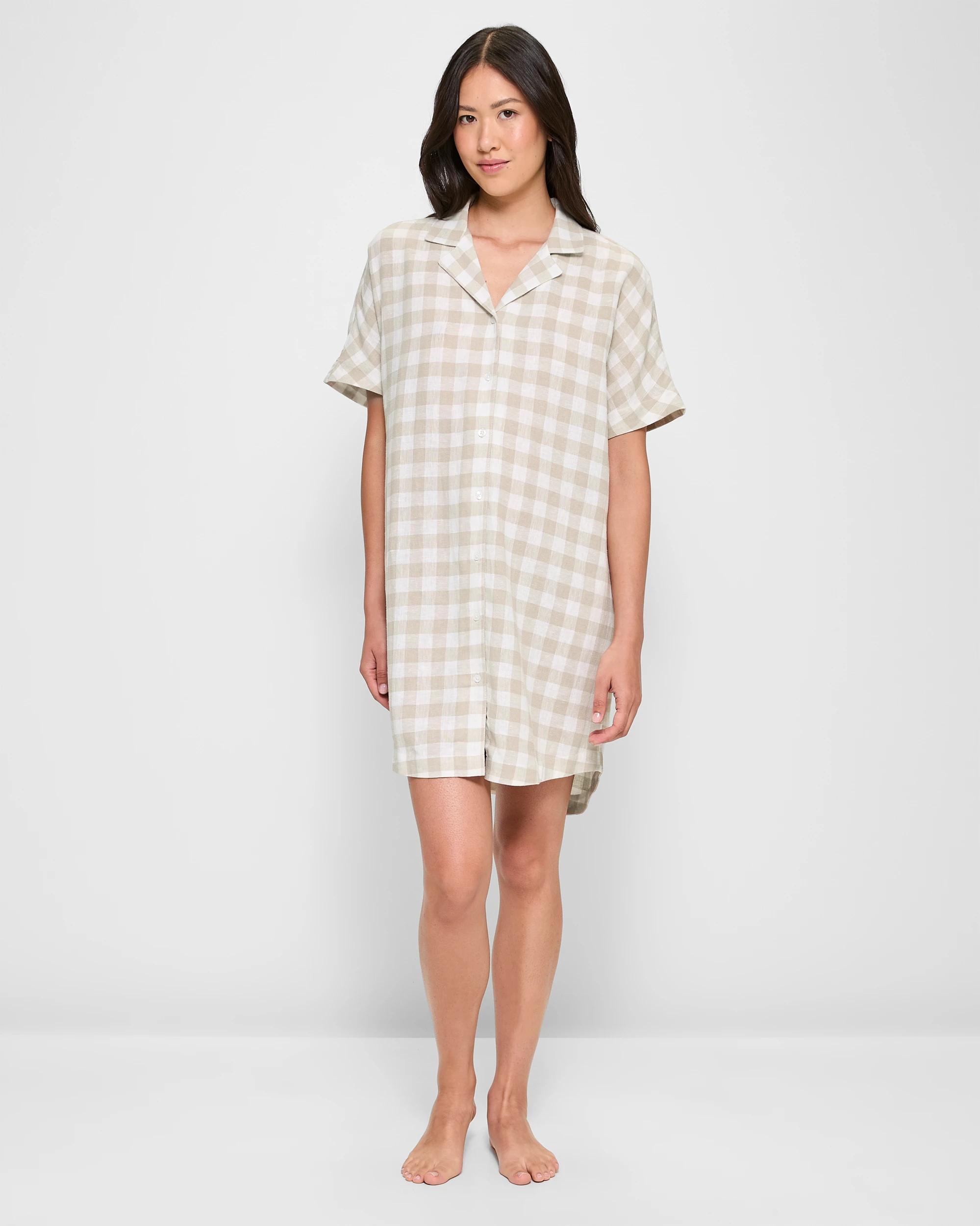 2 Target Womens Linen Blend Sleep Nightie NEUTRAL GINGHAM, 2 of 5