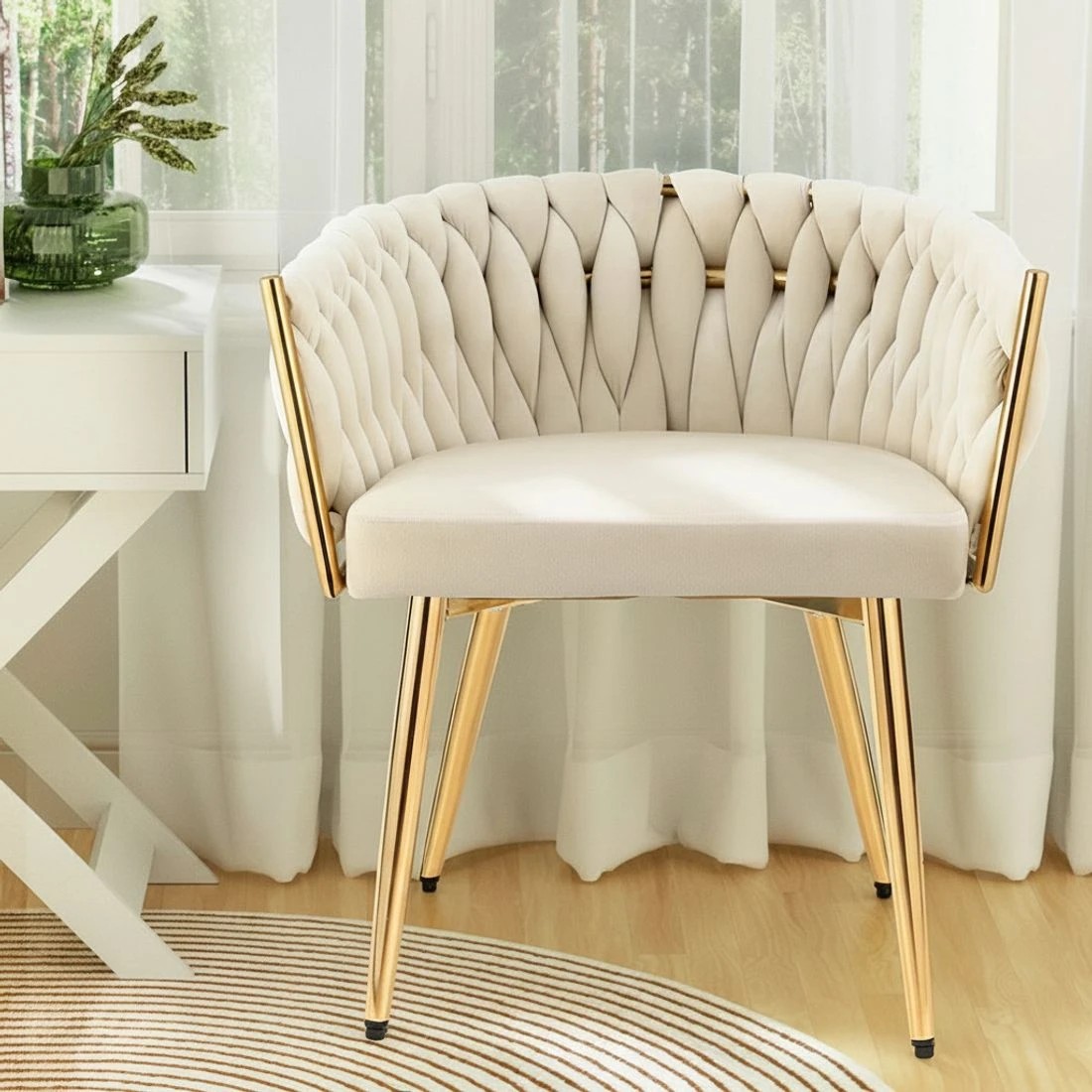 4 Artiss Dining Chair Velvet Weaving Armchair Vanity Chairs - Natural, 4 of 5