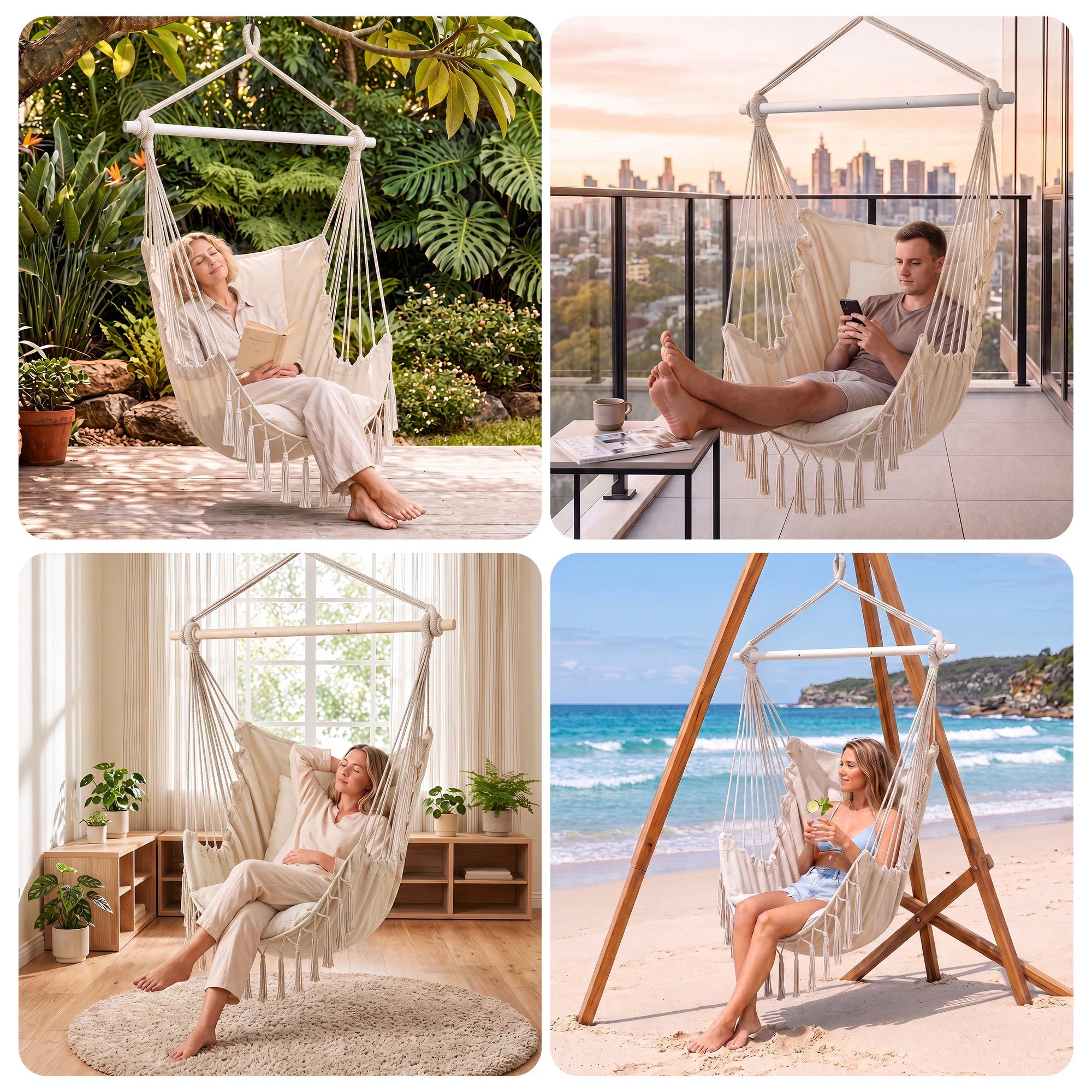 8 Gardeon Hammock Chair Camping Macrame Hanging Swing with Cushions Tassels 120kg Capacity - Beige, 8 of 8