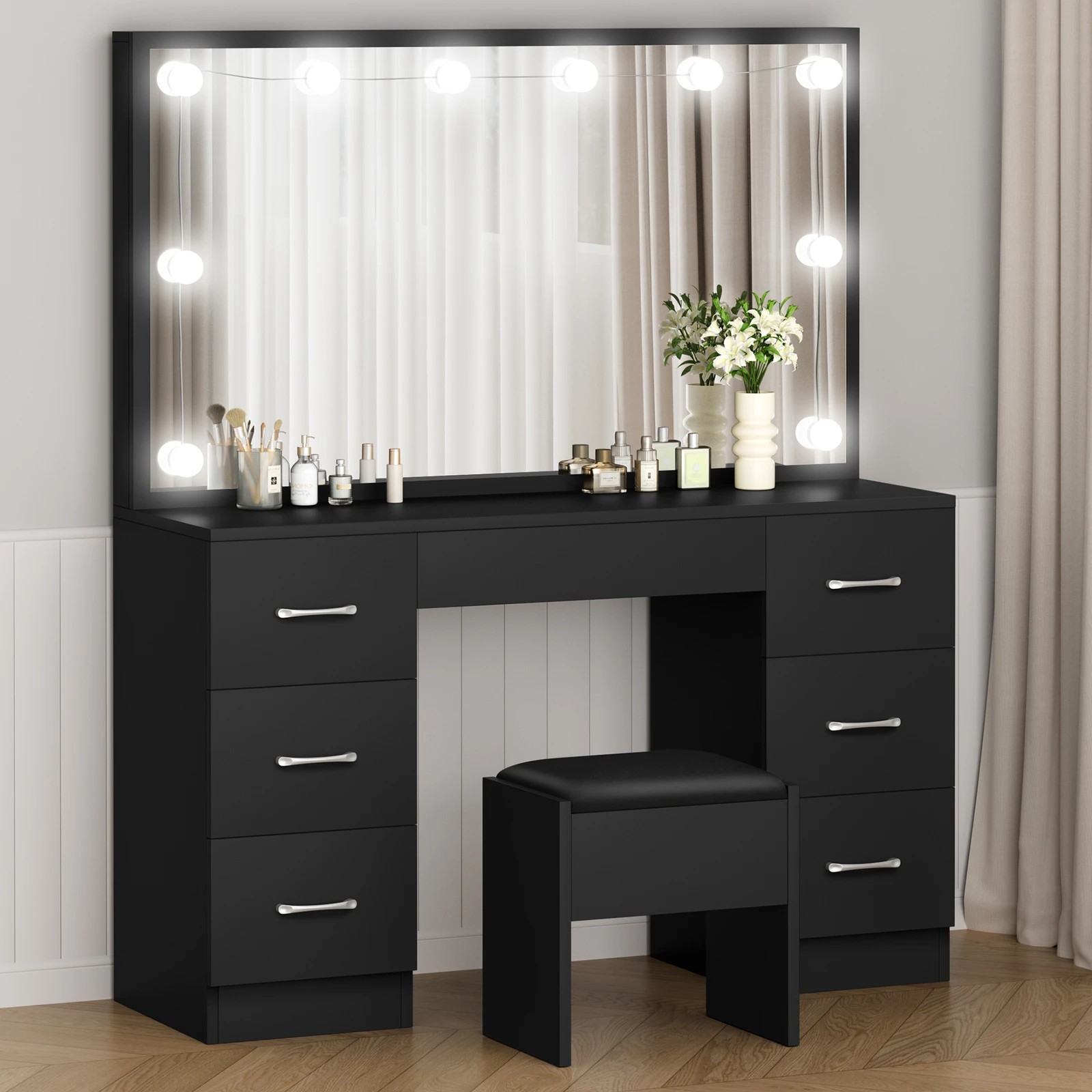 10 Alfordson Dressing Table Stool Set Makeup Mirror Desk LED 10 Bulbs - Black, 10 of 10