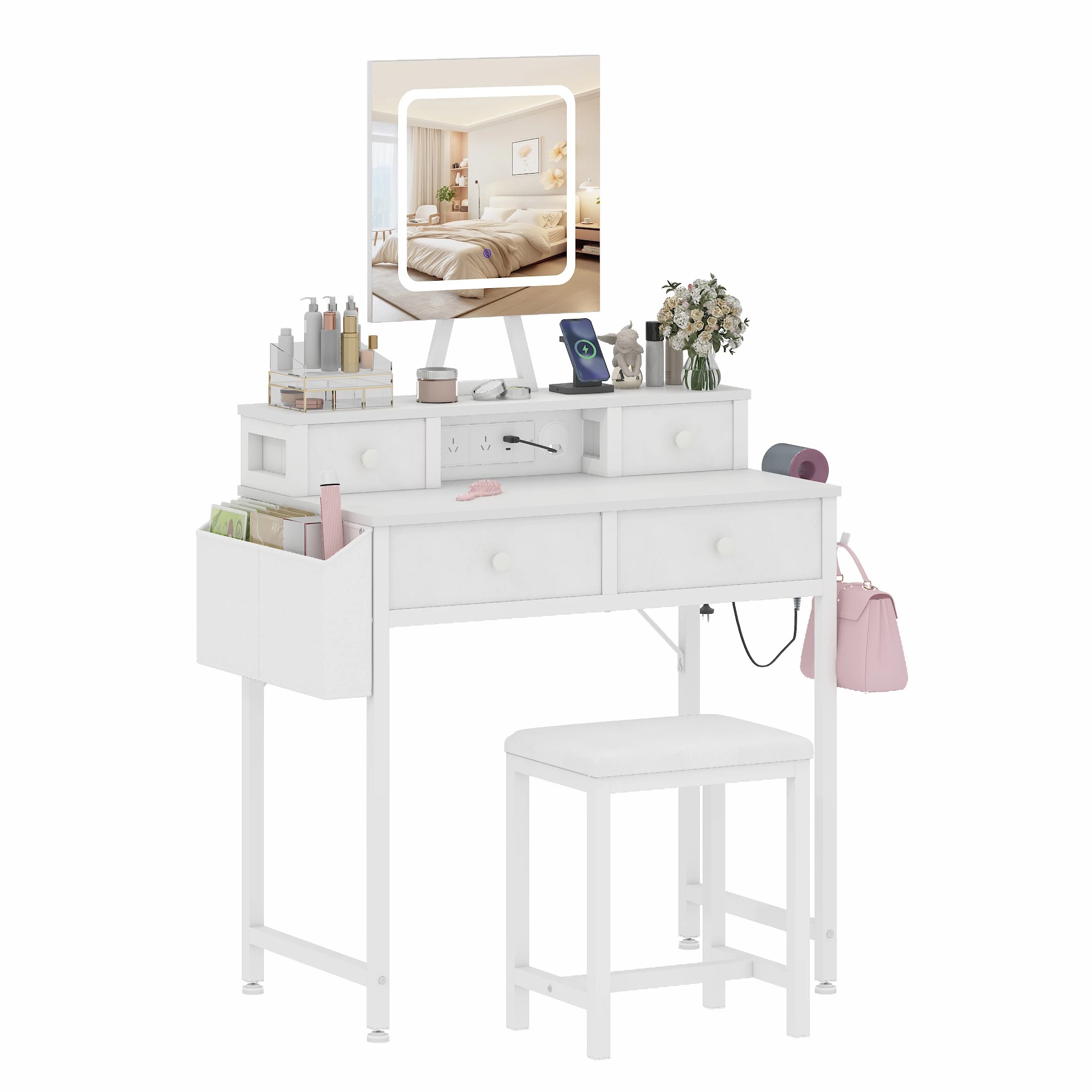1 Adwin Dressing Table Set with Mirror Charging Station - White, 1 of 7
