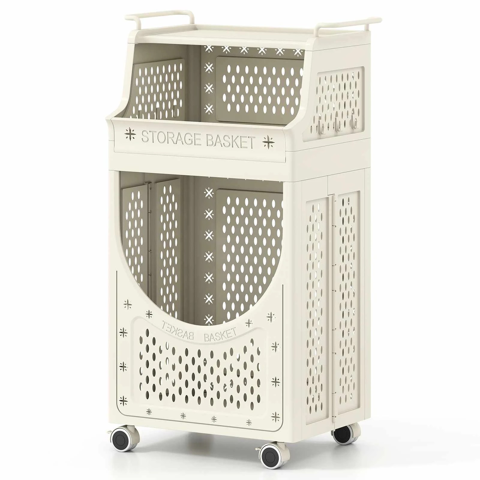 1 Costway 3-Tier 61L Laundry Cart Folding Hamper w/6 Hanging Hooks Utility Cart, 1 of 5